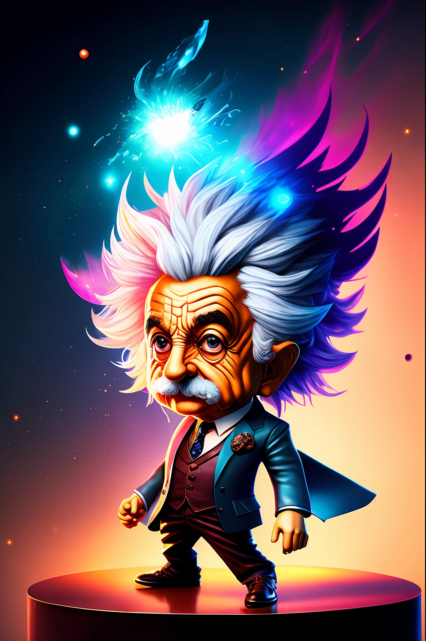 (dreamlikeart:1.2),splash art portrait painting (chibi albert einstein:1.3), splashart, superhero , powerful attack, dynamic pose, dynamic angle,movement, colorful highly detaild of universe of background, quantum fracture, science concept,nerd vibes, 1900's vibes, antique clothing , elegant suits, (image divided ino two with left side of universe style and righ side of chem labs style:1.3)