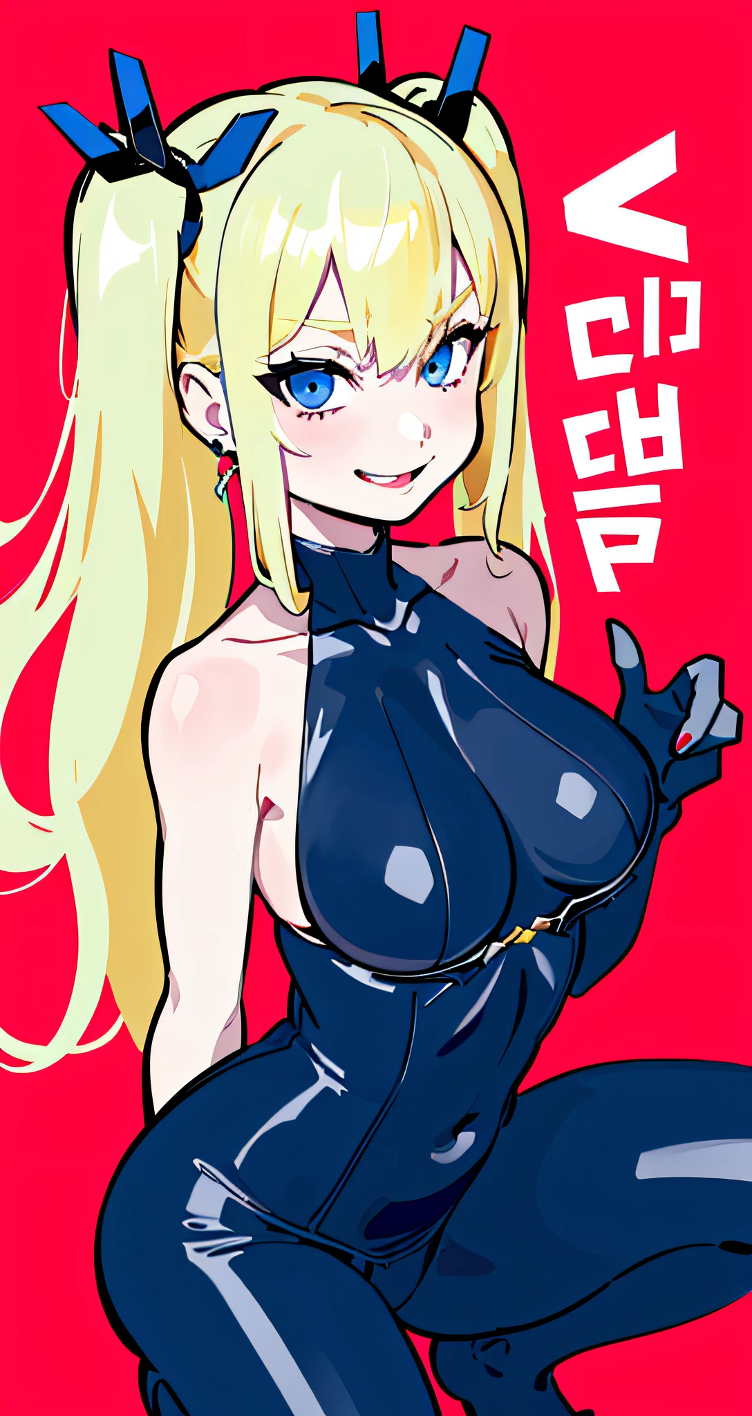 Monochrome, dark red background, a girl, blue school ??????, ???? blue ??????, exposed skin, blush, cap, bold smile, squat, bow, winner's gesture, marked, blue eyes, blond hair, pink lips, marked, (from the front: 1.3),