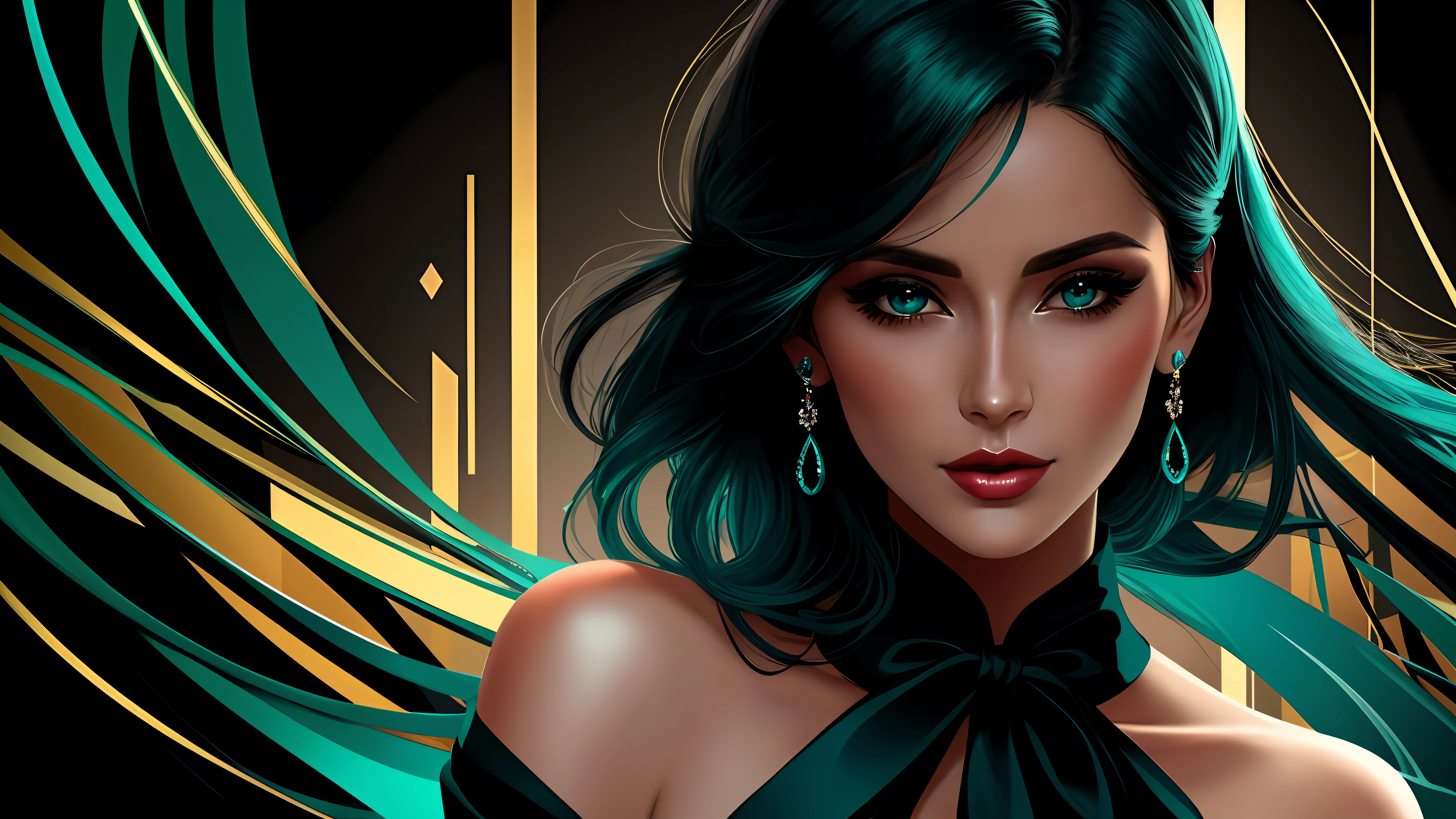 a close up of one elegant woman (character at the right), dark teal and black clothes, sensual face, 8k, digital art, stunning digital illustration, no text, colored abstract background, music elements
