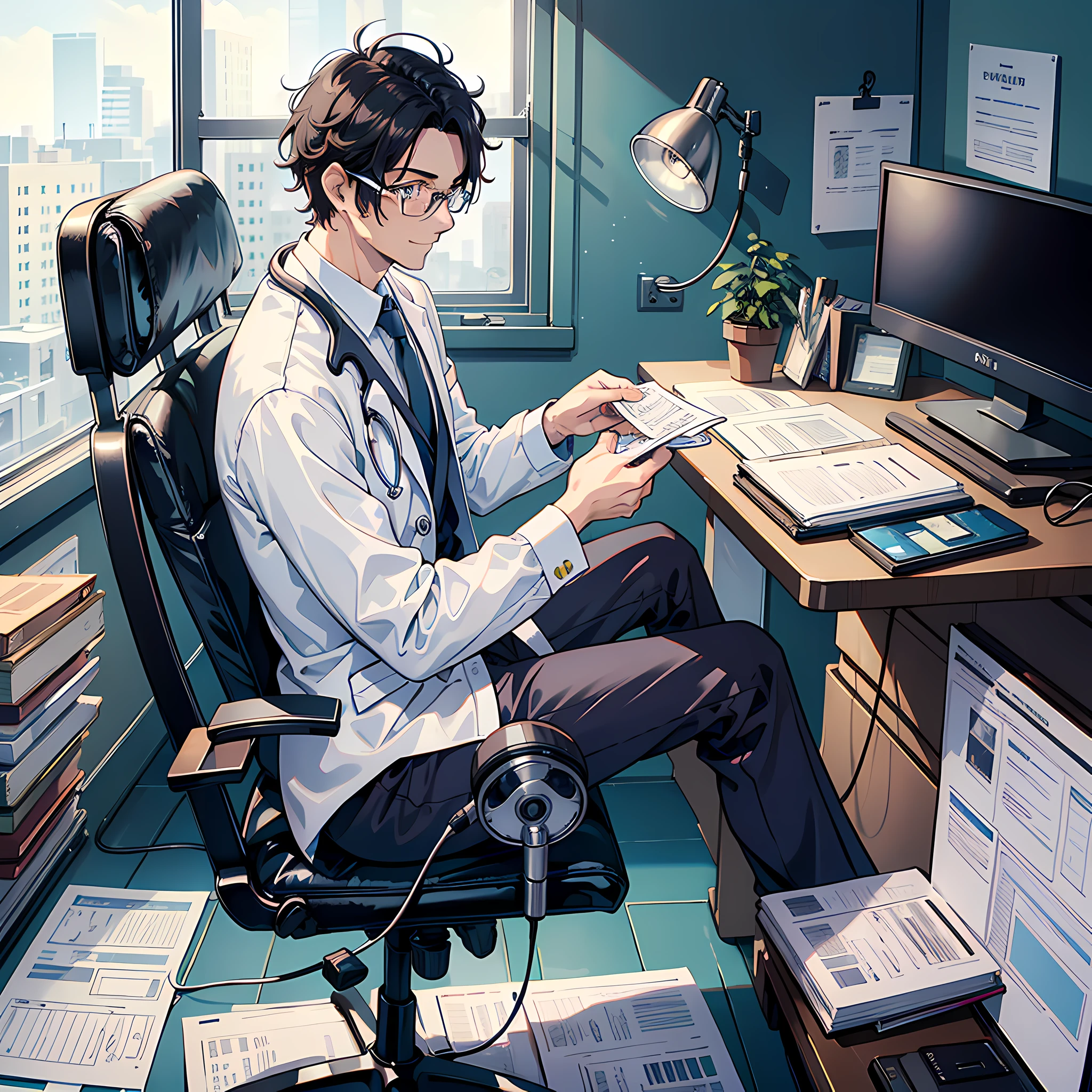8k quality, masterpiece, Best quality, Japan male 1 doctor, 40 years old, Adult, Height 165cm, Slim and muscular, Refreshing and handsome, Hospital examination room background, Doctor, Two blocks and messy hair, Forehead, Black-rimmed glasses, Stethoscope, White walls, Window, Sitting in a chair, Fountain pen in right hand and medical record listed, Refreshing smile, From the side |