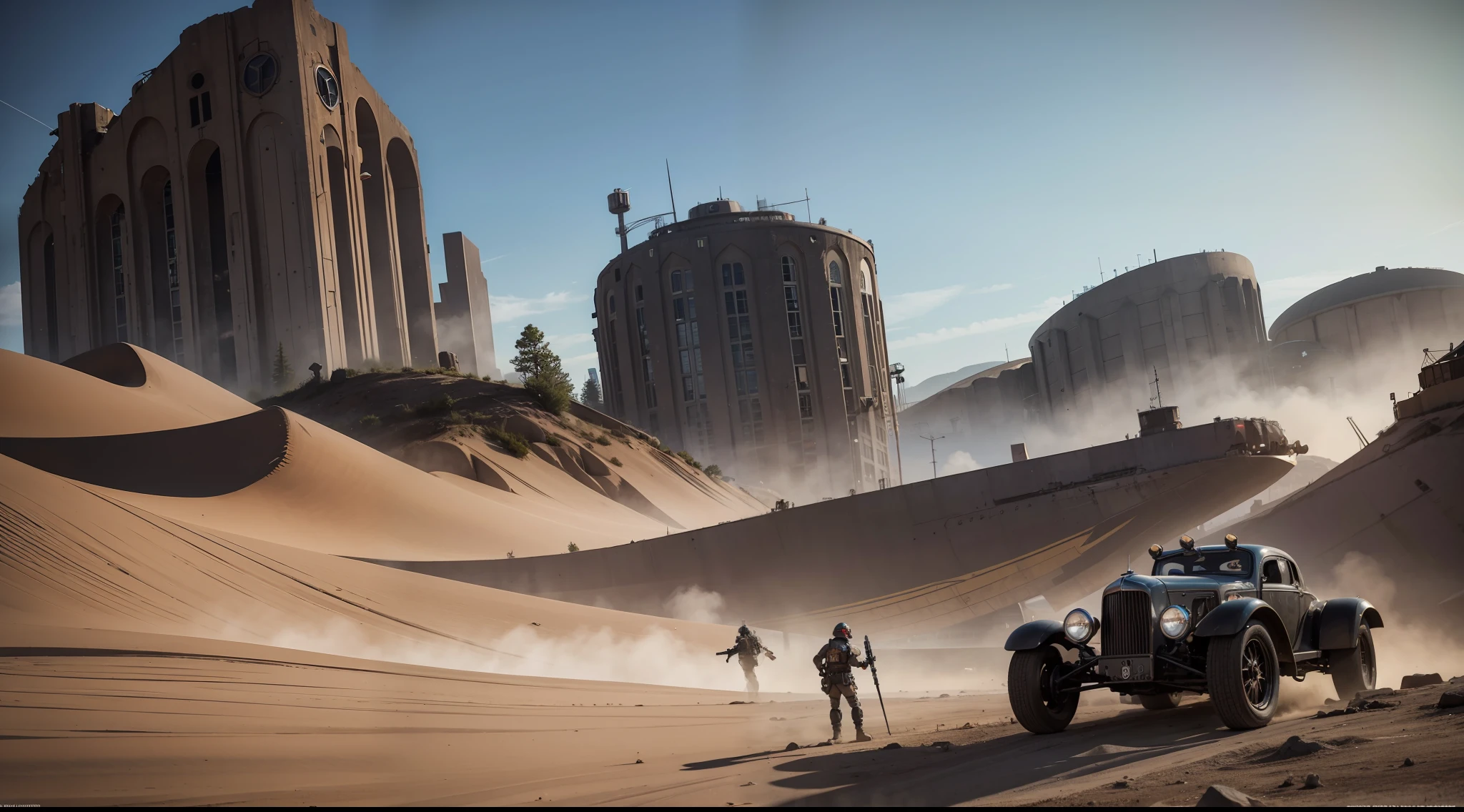 epic dieselpunk, vibrant, photorealistic, realistic, dramatic, dark, sharp focus, 8k landscapes