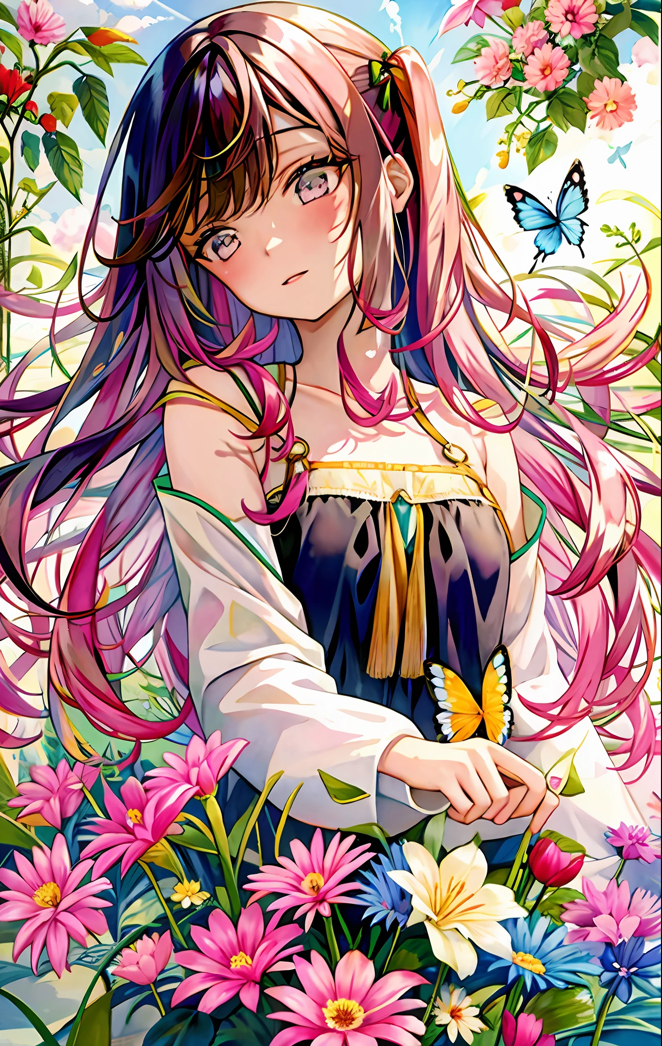 1girl, animal, artist_name, bangs, black_ribbon, blue_butterfly, blush, breasts, brown_eyes, brown_hair, bug, butterfly, butterfly_hair_ornament, butterfly_on_hand, butterfly_wings, collarbone, daisy, eyebrows_visible_through_hair, flower, glowing_butterfly, hair_between_eyes, holding, holding_flower, leaf, lily_\(flower\), long_hair, long_sleeves, looking_at_viewer, lotus, marker_\(medium\), medium_breasts, multicolored_hair, painting_\(medium\), parted_lips, pink_eyes, pink_flower, purple_eyes, purple_flower, purple_hair, ribbon, solo, traditional_media, tulip, upper_body, watercolor_\(medium\), white_butterfly, yellow_butterfly