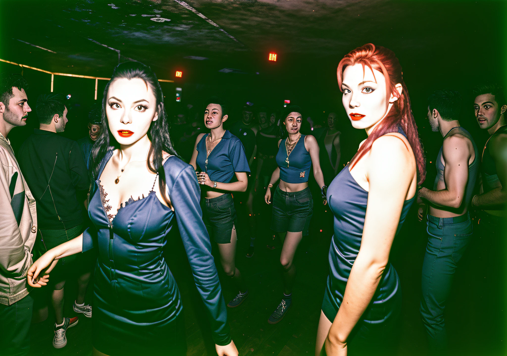 Candid RAW portrait photo of a female vampire in a nightclub in a castle at night, Fujifilm Fujichrome Provia 100F movie, flashlight