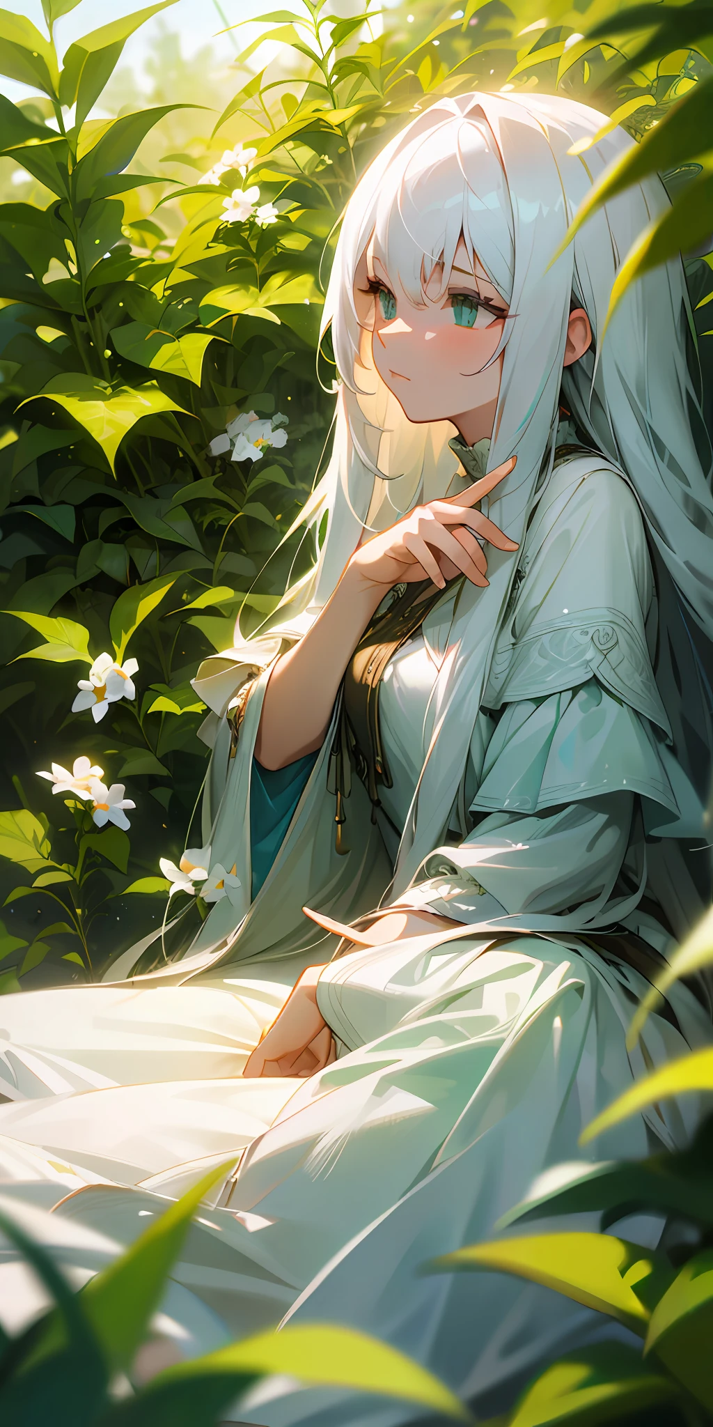 (masterpiece, best quality),1girl with long white hair sitting in a field of green plants and flowers, her hand under her chin, warm lighting, white dress, blurry foreground