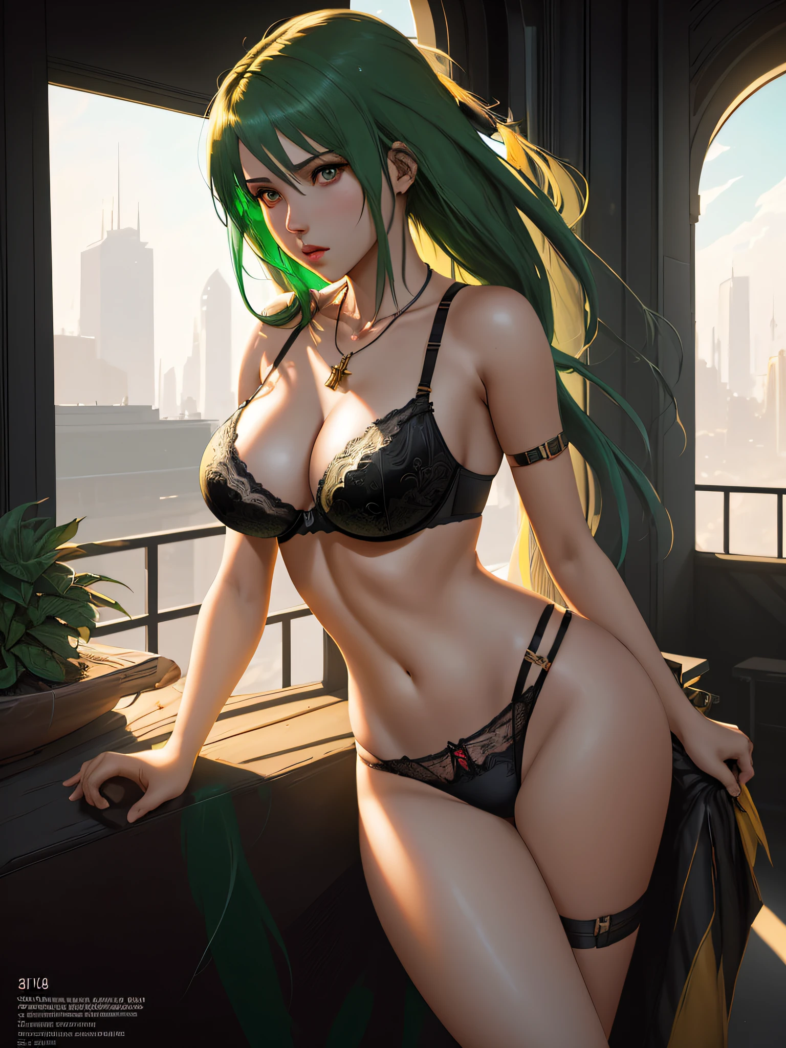 photorealistic, best quality, masterpiece, highly detailed, ultra-detailed,1girl,digital painting by Greg Rutkowski and rossdraws;4K UHD image with green hair in the style of James Paick Comic Book Art 1990 Manga Panel.Fantasy/2P3A Lineart Behance HQ Smooth Sharp Focus Vector Lines Dramatic Lighting HD 8x Matte Background, Hot Lighting, Necklace, Balcony, Heavy Shadow, (((Sexy)))), (Yellow and Black White Bra:  1.3), (thighs: 1.5)