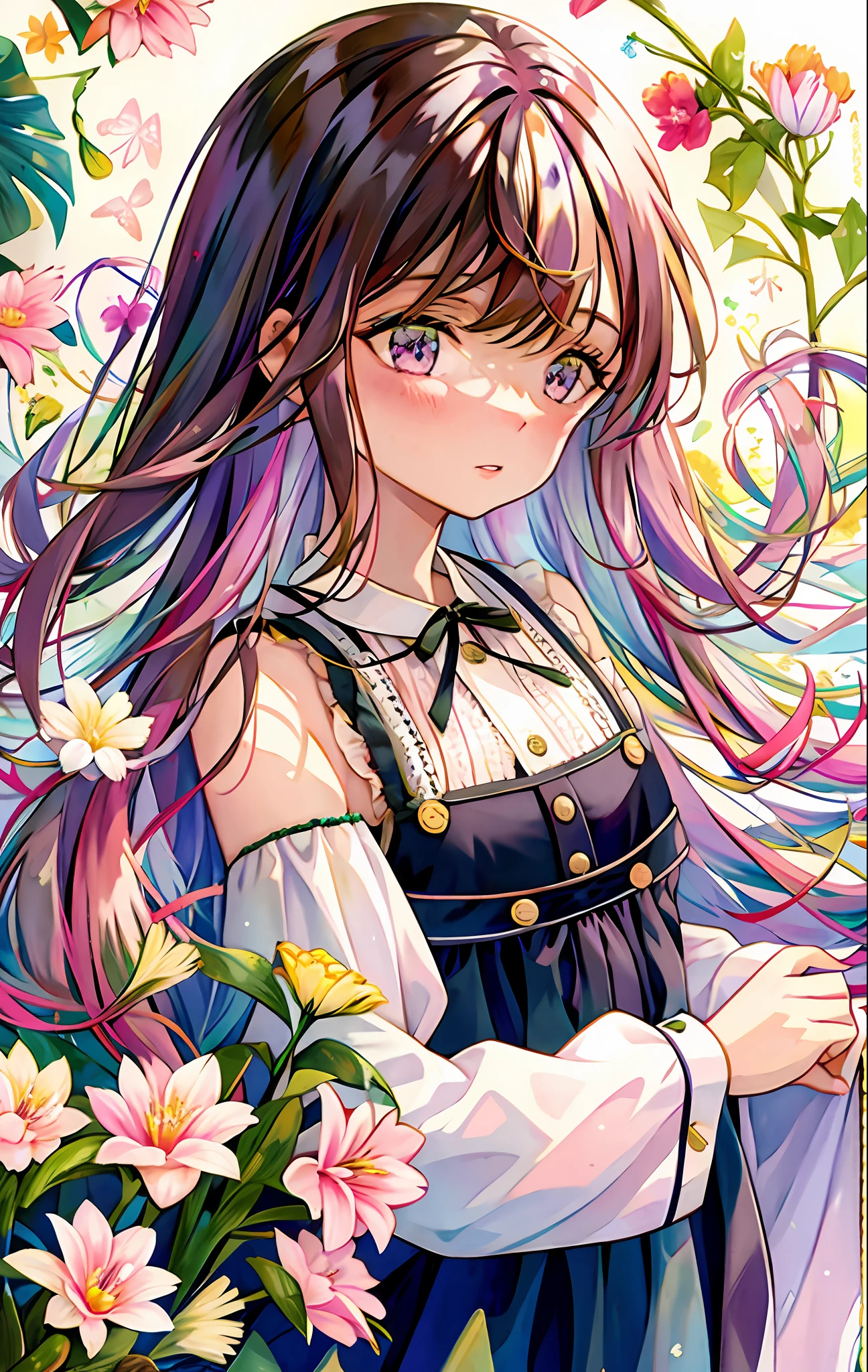 1girl, animal, artist_name, bangs, black_ribbon, blue_butterfly, blush, breasts, brown_eyes, brown_hair, bug, butterfly, butterfly_hair_ornament, butterfly_on_hand, butterfly_wings, collarbone, daisy, eyebrows_visible_through_hair, flower, glowing_butterfly, hair_between_eyes, holding, holding_flower, leaf, lily_\(flower\), long_hair, long_sleeves, looking_at_viewer, lotus, marker_\(medium\), medium_breasts, multicolored_hair, painting_\(medium\), parted_lips, pink_eyes, pink_flower, purple_eyes, purple_flower, purple_hair, ribbon, solo, traditional_media, tulip, upper_body, watercolor_\(medium\), white_butterfly, yellow_butterfly