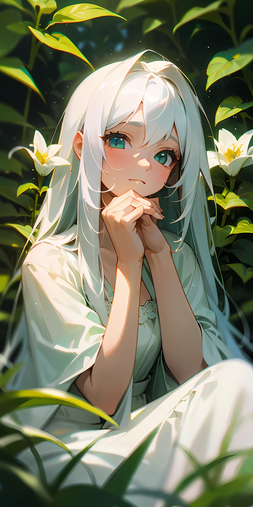 (masterpiece, best quality),1girl with long white hair sitting in a field of green plants and flowers, her hand under her chin, warm lighting, white dress, blurry foreground