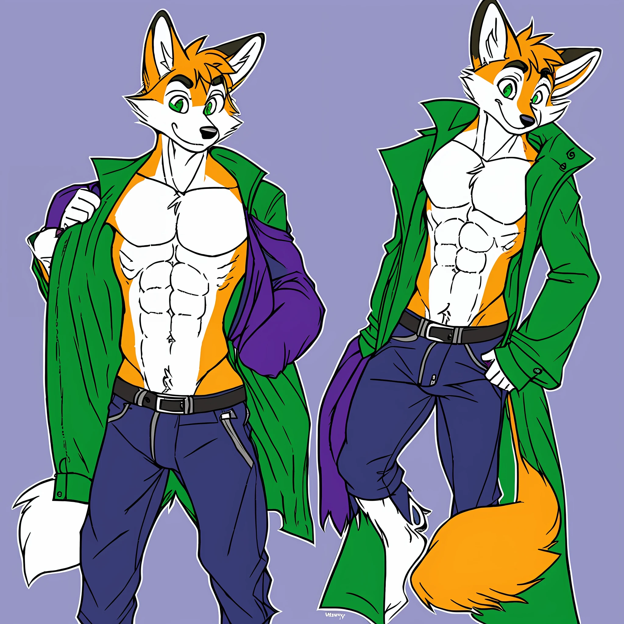 Fluffy anthro fox, with purple fur, green eyes, blue boxers, green jacket, very muscular, visible Sixpack, flexing muscles