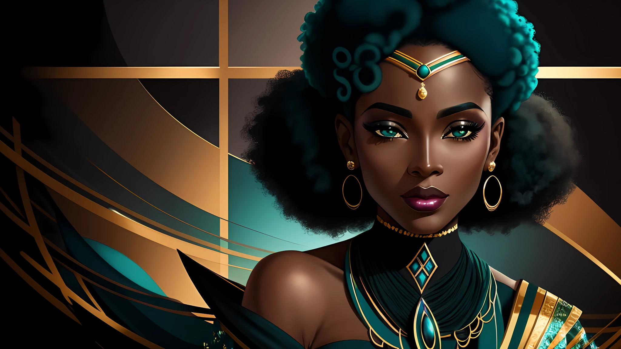 a close up of one elegant afro woman (character at the right), dark teal and black clothes, sensual face, 8k, digital art, stunning digital illustration, no text, colored abstract background, music elements