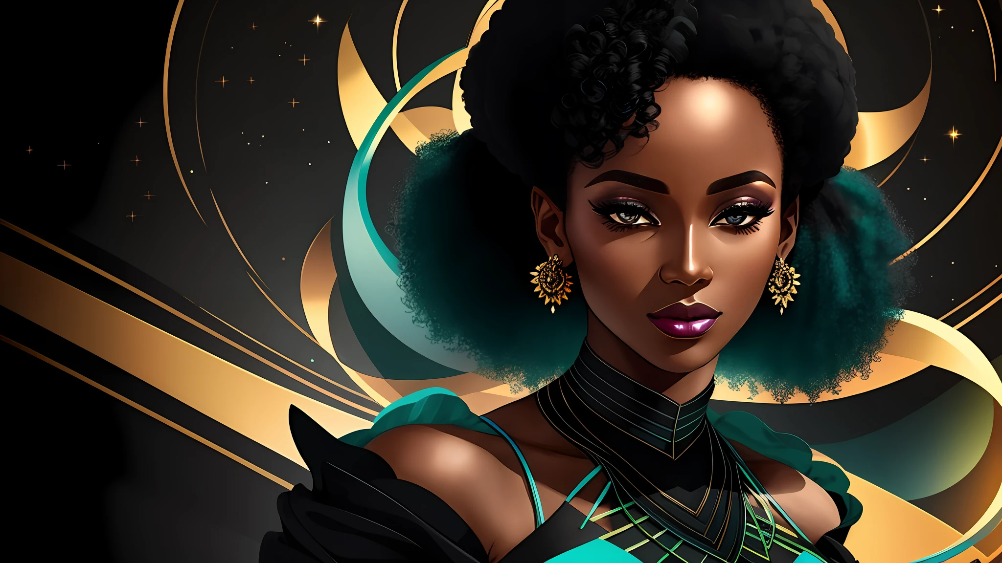 a close up of one elegant afro woman (character at the right), dark teal and black clothes, sensual face, 8k, digital art, stunning digital illustration, no text, colored abstract background, music elements