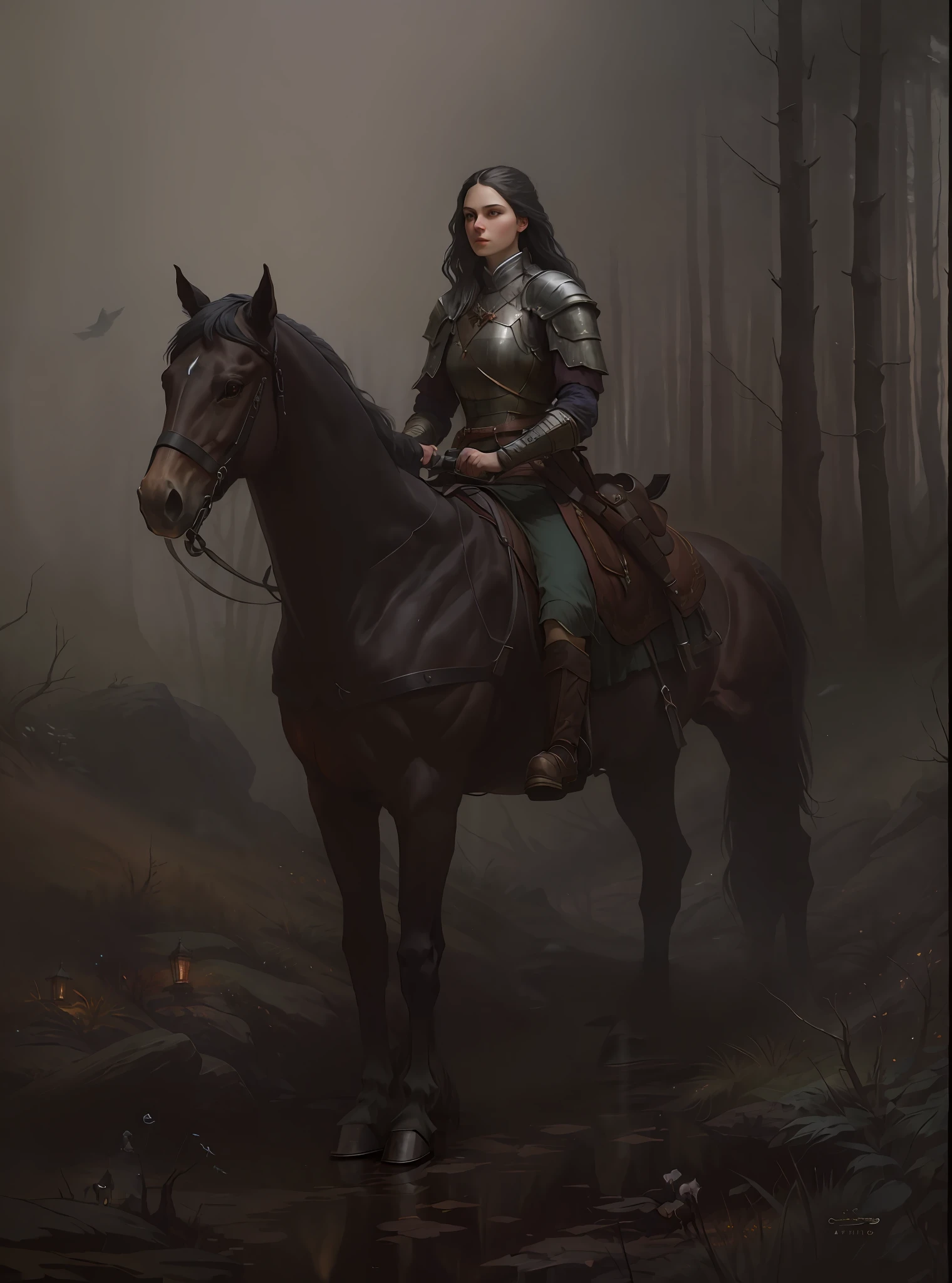 there is a woman riding a horse in a hazy forest, by Cynthia Sheppard, fantasy genre portrait, inspired by Jakub Schikaneder, cinematic matte illustration, in dark fantasy art style, female knight, detailed matte fantasy portrait, dark fantasy style art, concept art The Witcher, in the style of anne stokes, realistic fantasy illustration, of a beautiful female rider,  Perfect eyes, defined hands, detailed horse, detailed clothing, silver adornments on clothing, sword sheathed at waist, forest in the background with mist, light blur in the background, crows in the sky, high quality, 8k quality, 4k quality, ultra realism, photorealistic