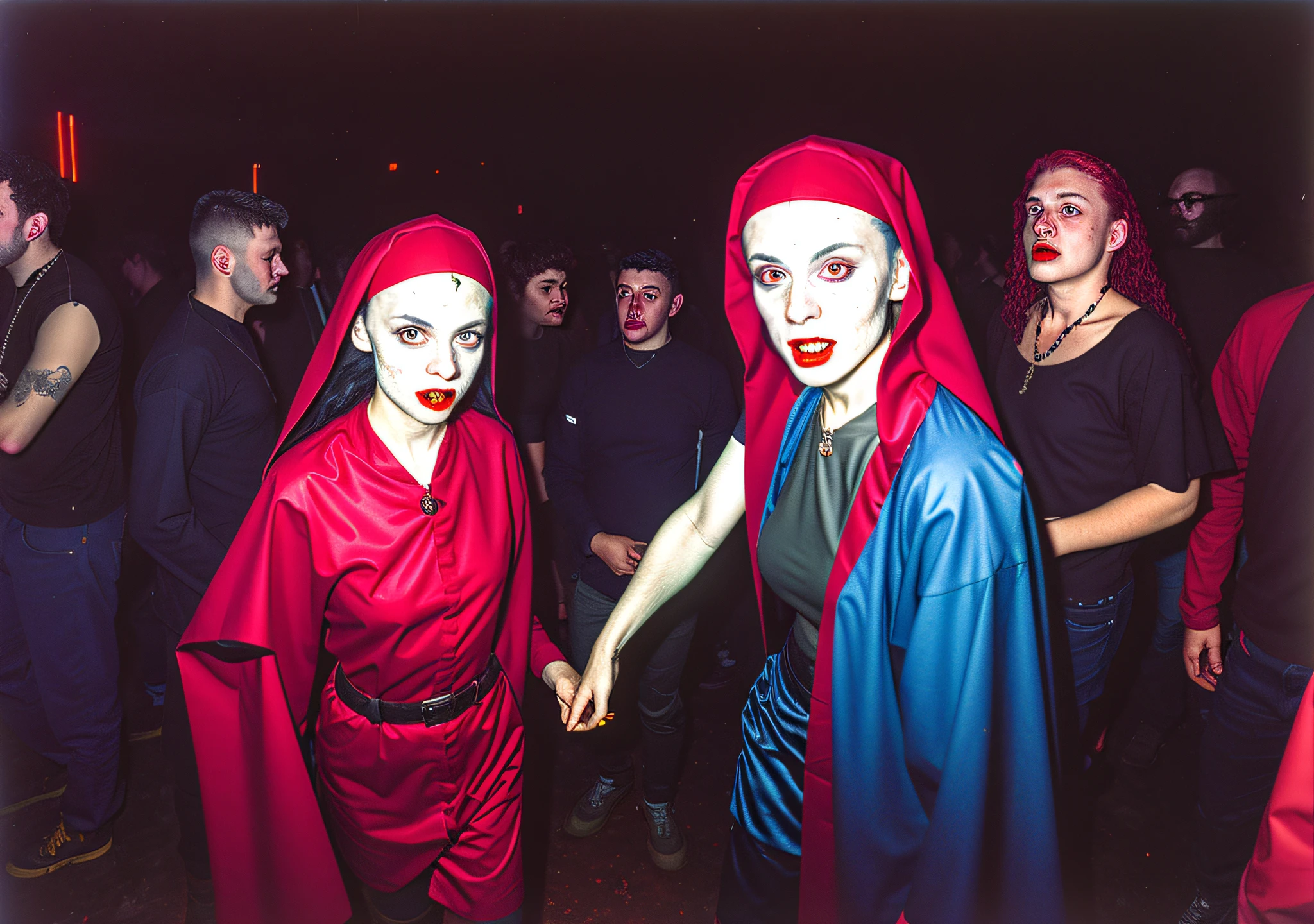 candid photo RAW portrait of a female vampire in a nightclub in a castle at night, 90's rave, nuns, vampires, techno, red rain, Fujifilm Fujichrome Provia 100F movie, flashlight