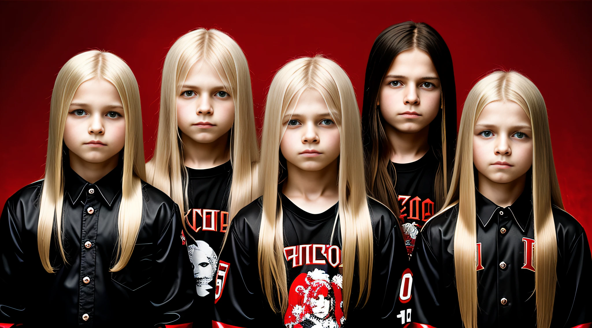 Russian children boys with 10 years old, WITH LONG STRAIGHT HAIR blond, PORTRAIT STYLE, Metal Band with a Red Background,