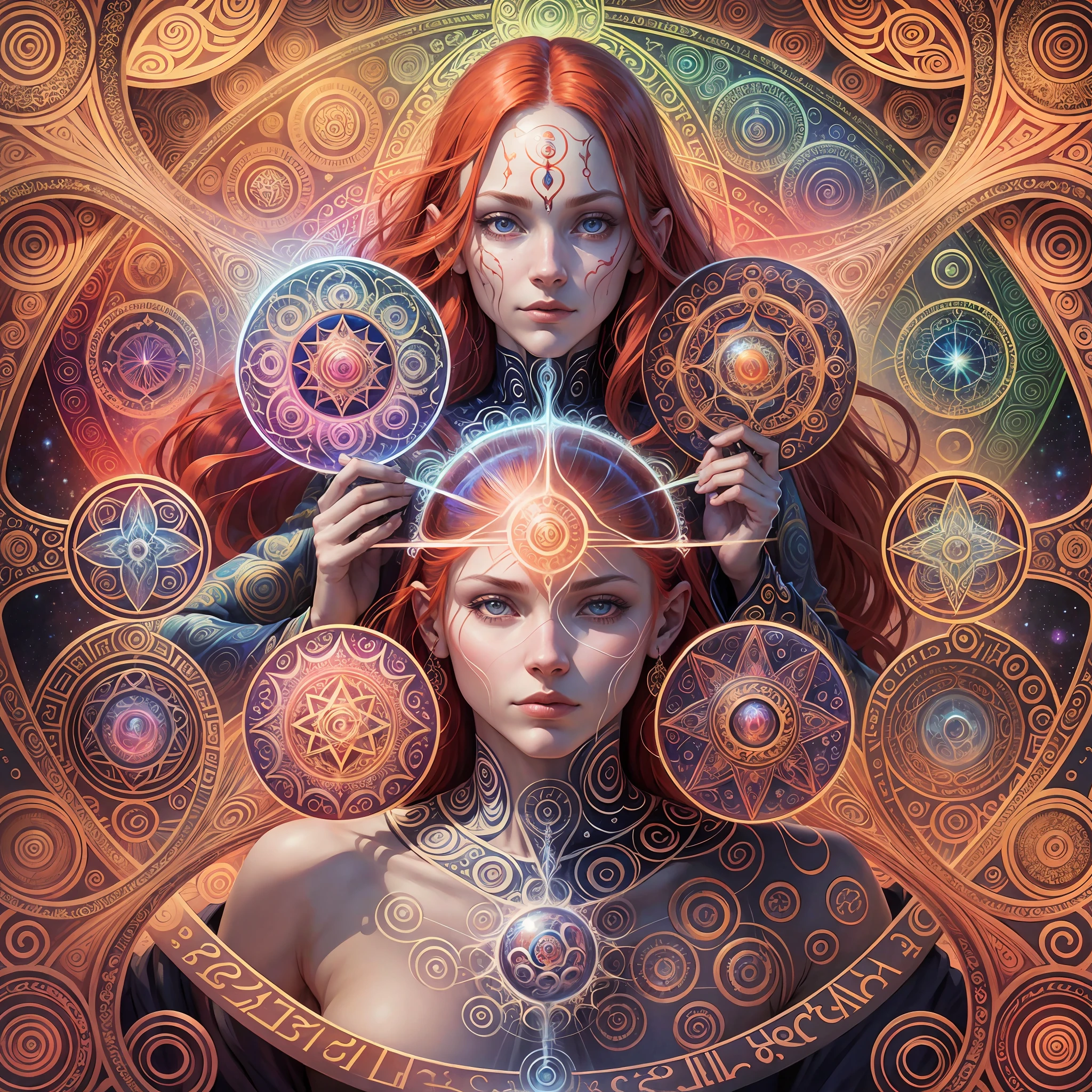 By Alex Grey Cosm, a beautiful redheaded woman of 18 years, various sacred geometries, mystical style, spiritual, best quality, psychedelic, perfect anatomy, mystery, universe --auto --s2