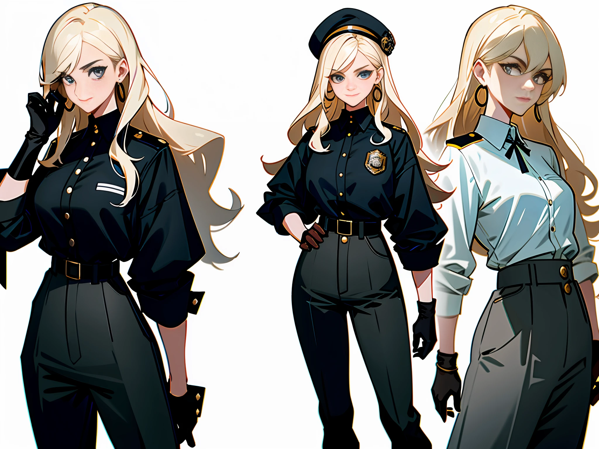 Masterpiece: 1.6, best quality: 1.4, live image: 1.2, intricate details: 1.2, charturnerv2: 1.2, 1lady full body character change,
Appearance: milf: 1.25, thin: 1.3, light blue eyes, medium breasts, detailed eyes, quality eyes,
Clothing: black high-collared t-shirt, high-waisted pants, black gloves, police navy jacket, a white blouse with few buttons, long black boots with laces.
Accessories: simple hoop earrings, police badge.
Hair: platinum blonde hair, long hair, semi curly hair.
Makeup: natural, shiny skin,
(single background, white background: 1.3), multiple views, multiple views of the same character in the same outfit: 1.3.