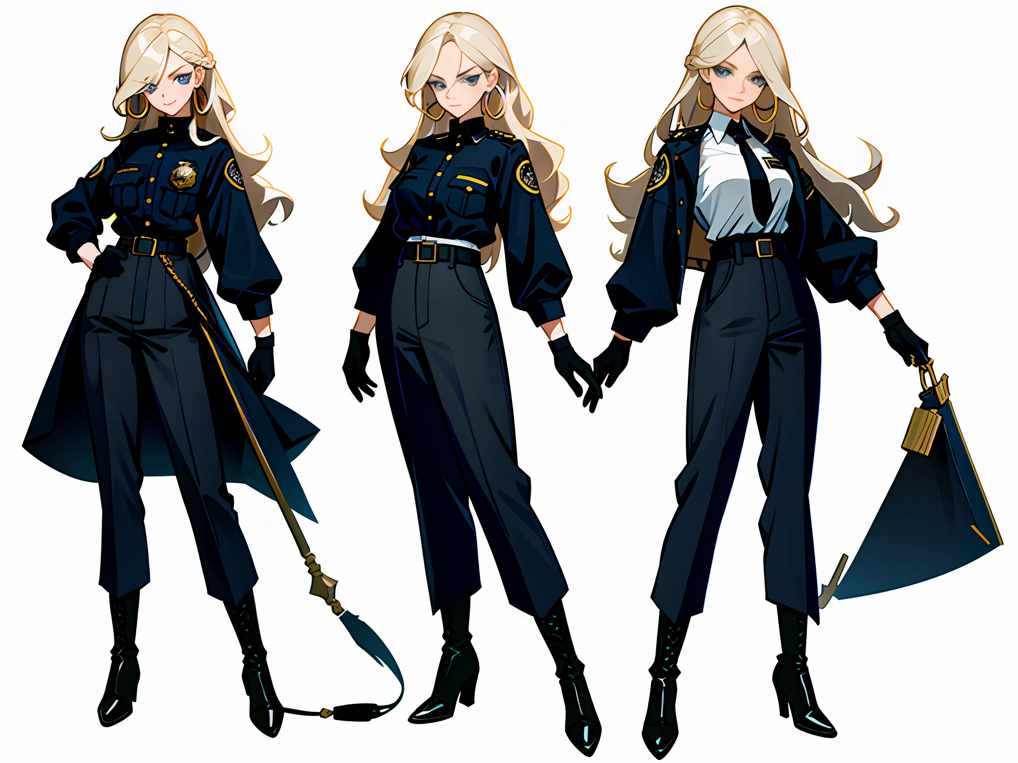 Masterpiece: 1.6, best quality: 1.4, live image: 1.2, intricate details: 1.2, charturnerv2: 1.2, 1lady full body character change,
Appearance: milf: 1.25, thin: 1.3, light blue eyes, medium breasts, detailed eyes, quality eyes,
Clothing: black high-collared t-shirt, high-waisted pants, black gloves, police navy jacket, a white blouse with few buttons, long black boots with laces.
Accessories: simple hoop earrings, police badge.
Hair: platinum blonde hair, long hair, semi curly hair.
Makeup: natural, shiny skin,
(single background, white background: 1.3), multiple views, multiple views of the same character in the same outfit: 1.3.