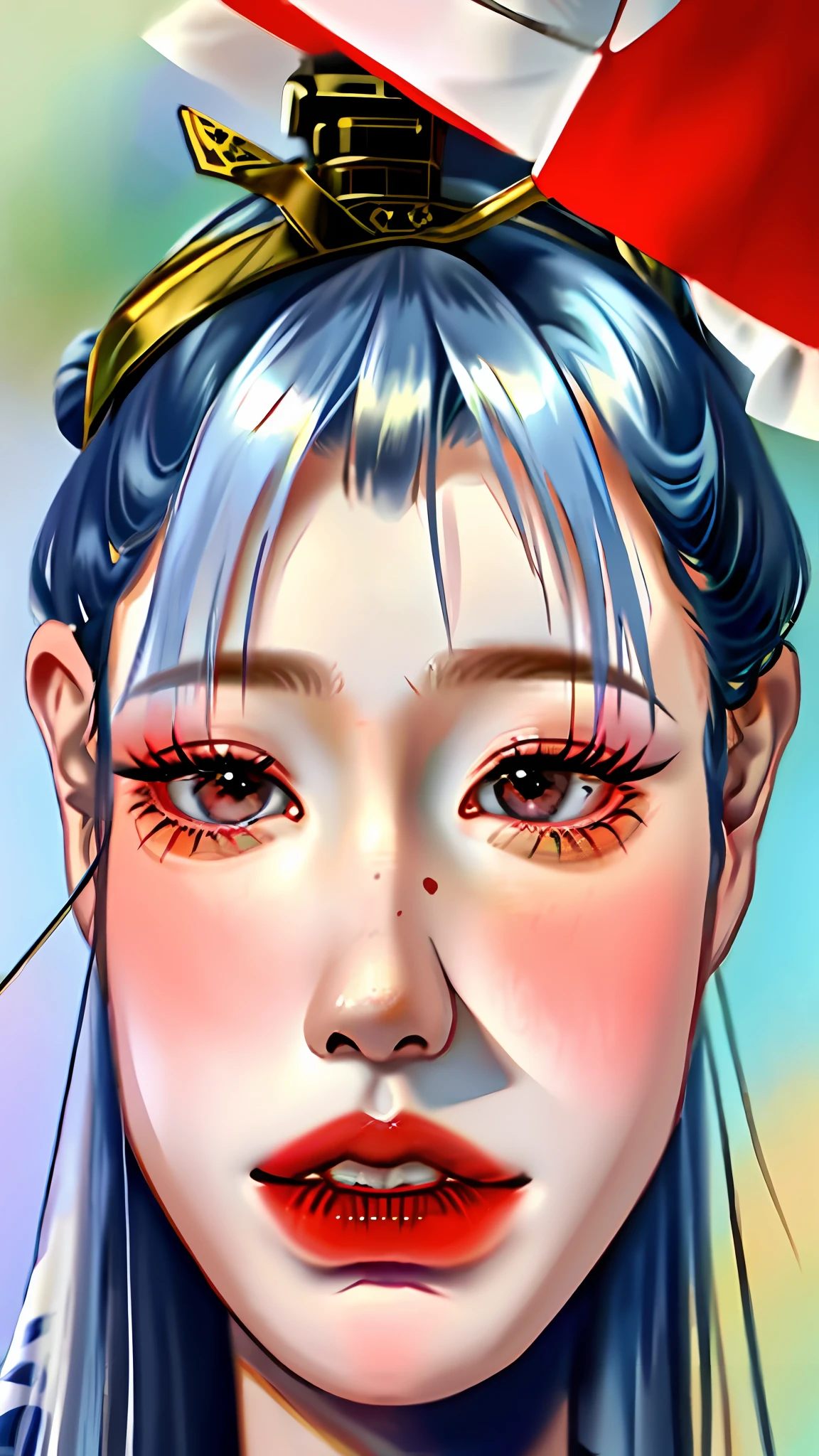 a old japanese woman with red lips and a coque on the hair, squared eyes, realistic