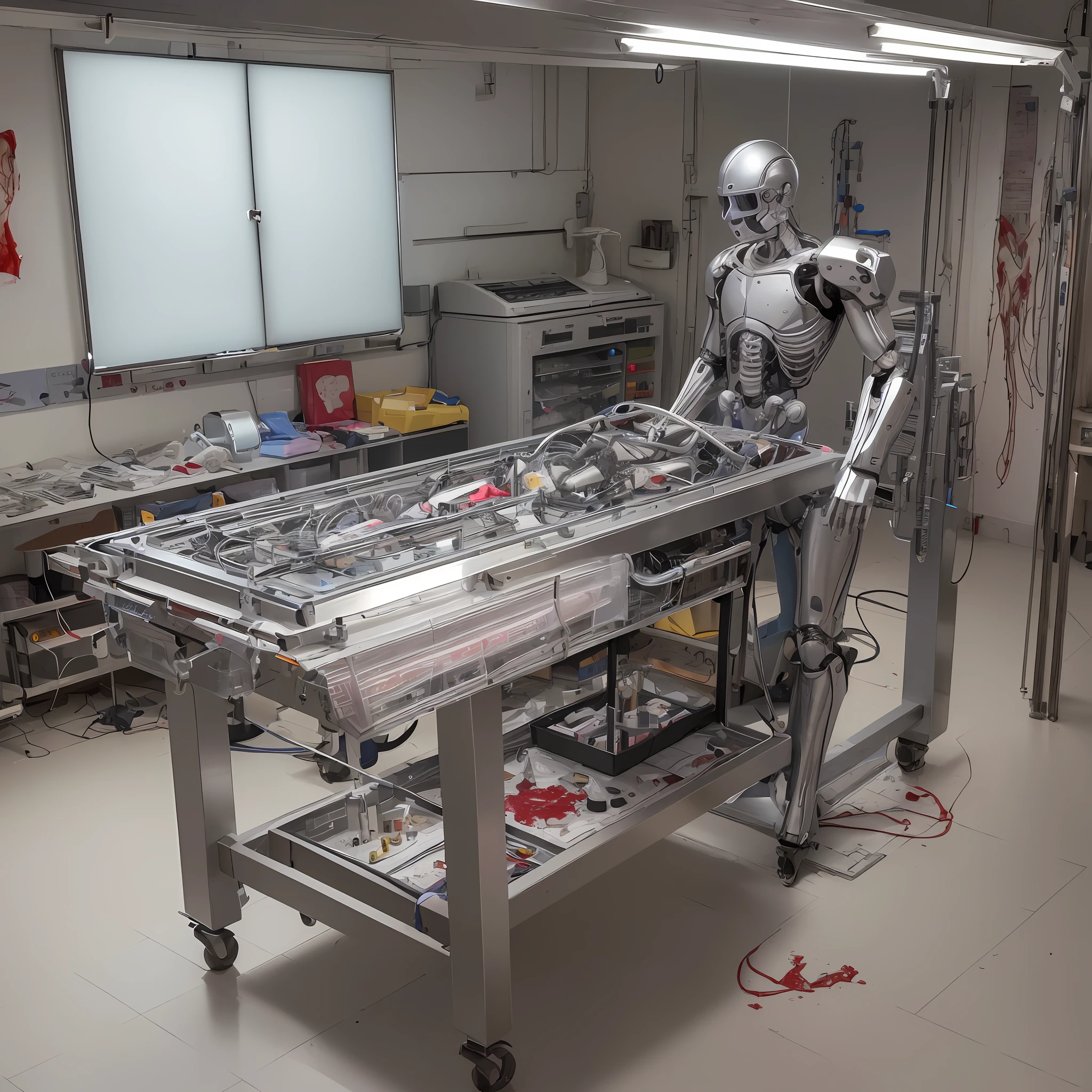 A man whose body was badly damaged and exposed bones, muscle tissue, internal organs, and blood lay on a dark and terrifying stainless steel autopsy table in the morgue of an 80s Chinese hospital, surrounded by ancient computers, CRT display machines, and the injured man was transformed into a robot with tubes and mechanical structures inserted into his body