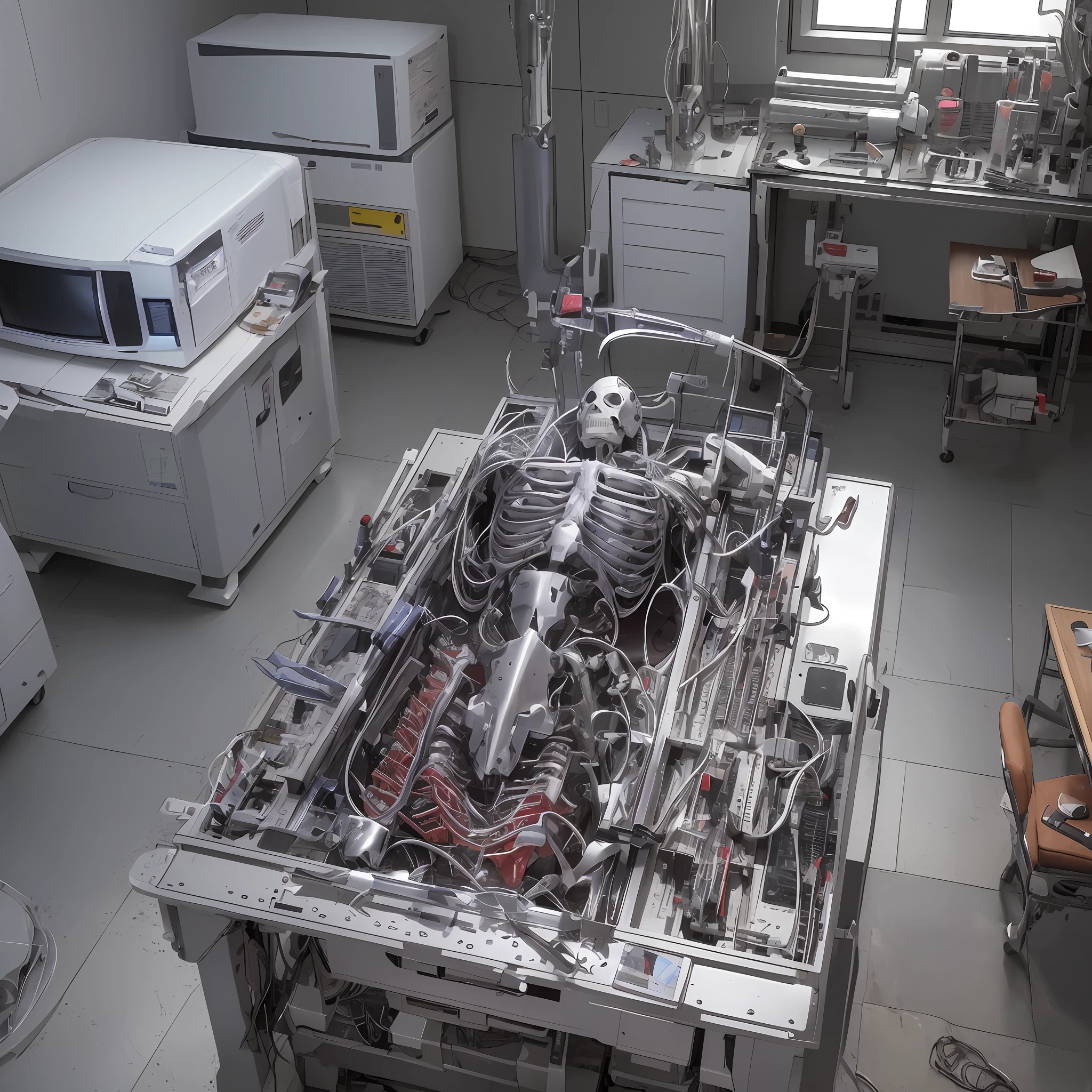A man whose body was badly damaged and exposed bones, muscle tissue, internal organs, and blood lay on a dark and terrifying stainless steel autopsy table in the morgue of an 80s Chinese hospital, surrounded by ancient computers, CRT display machines, and the injured man was transformed into a robot with tubes and mechanical structures inserted into his body