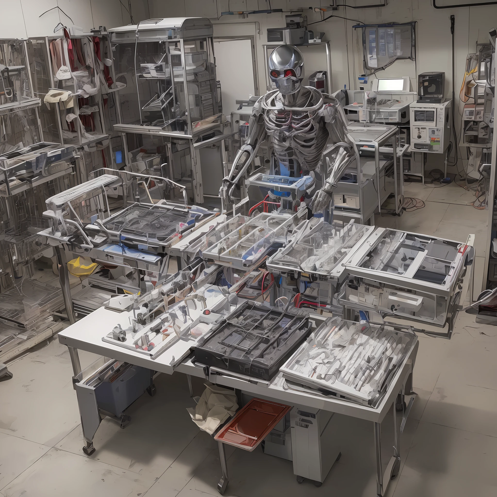 A man whose body was badly damaged and exposed bones, muscle tissue, internal organs, and blood lay on a dark and terrifying stainless steel autopsy table in the morgue of an 80s Chinese hospital, surrounded by ancient computers, CRT display machines, and the injured man was transformed into a robot with tubes and mechanical structures inserted into his body