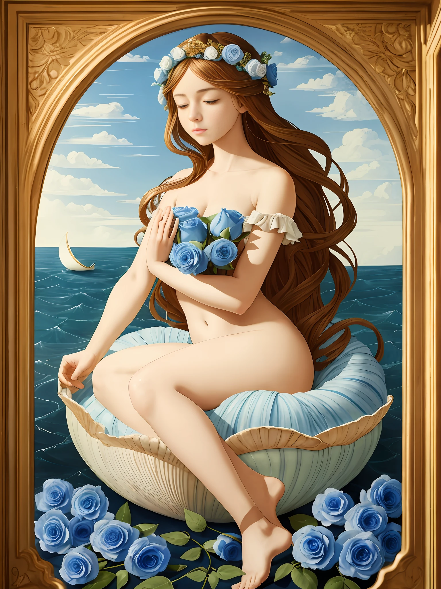 "Draw a scene that depicts a variation of the 'Birth of Venus', inspired by the famous work of Sandro Botticelli. In this version, Venus is sitting gracefully on a giant shell, with her legs crossed in a meditation position. She's gently holding a wad of blue roses in her hands, while keeping her eyes closed and a serene expression on her face. The blue roses symbolize tranquility and inner peace. Be sure to capture the tranquility and grace in the traces of Venus, as well as the serene environment around you. The scene should be composed of soft colors and pastel tones, creating an atmosphere of calm and contemplation."