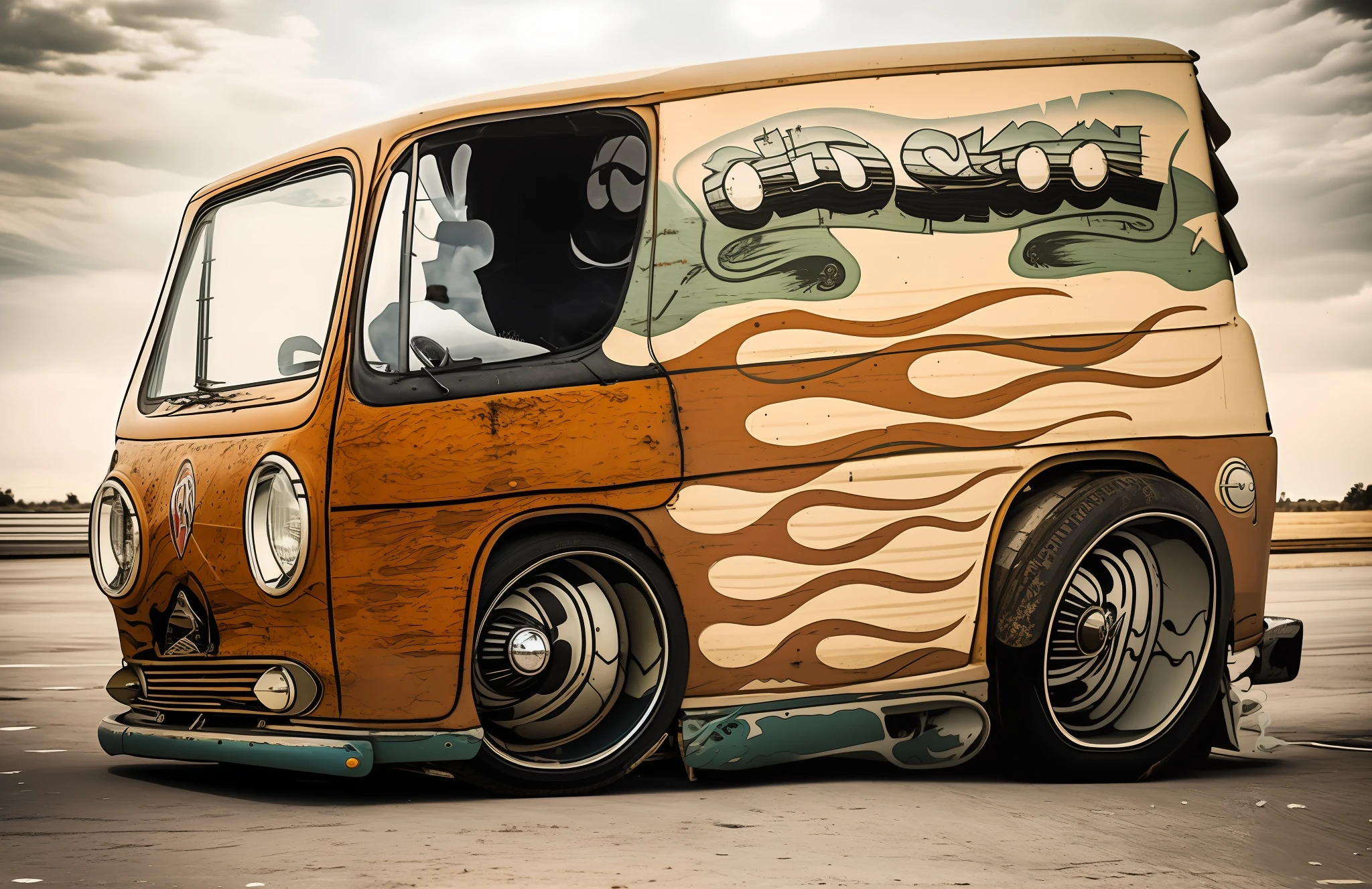 an ultra realistic image of a custom van with a cartoon character on the side,(((hdr))) rat fink style, inspired by Ed Roth, snake van, lowres, by Ed Roth, minibus, retro line art, (((smoke behind wheels))), line art, vw minibus driving, ren and stimpy style, full view of a car, lowbrow art style,  1 9 6 0 realistic style, 32k
