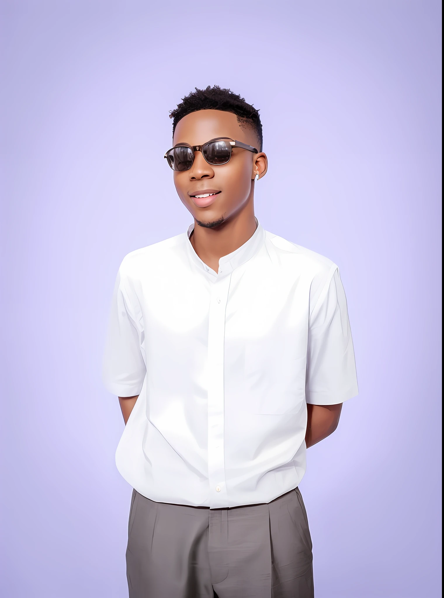 me in realism portrait of cute 20 years old African American man ((dark brown skin color)) ((chibi)), cute smile, wearing white shirt, current fashion, hair african style, background dark lighting, close-up, product view, detailed facial details, ultra high quality digital art, hyper exquisite details, 4k, 8k lighting smooth, --iso 100 dreamy, fashion -