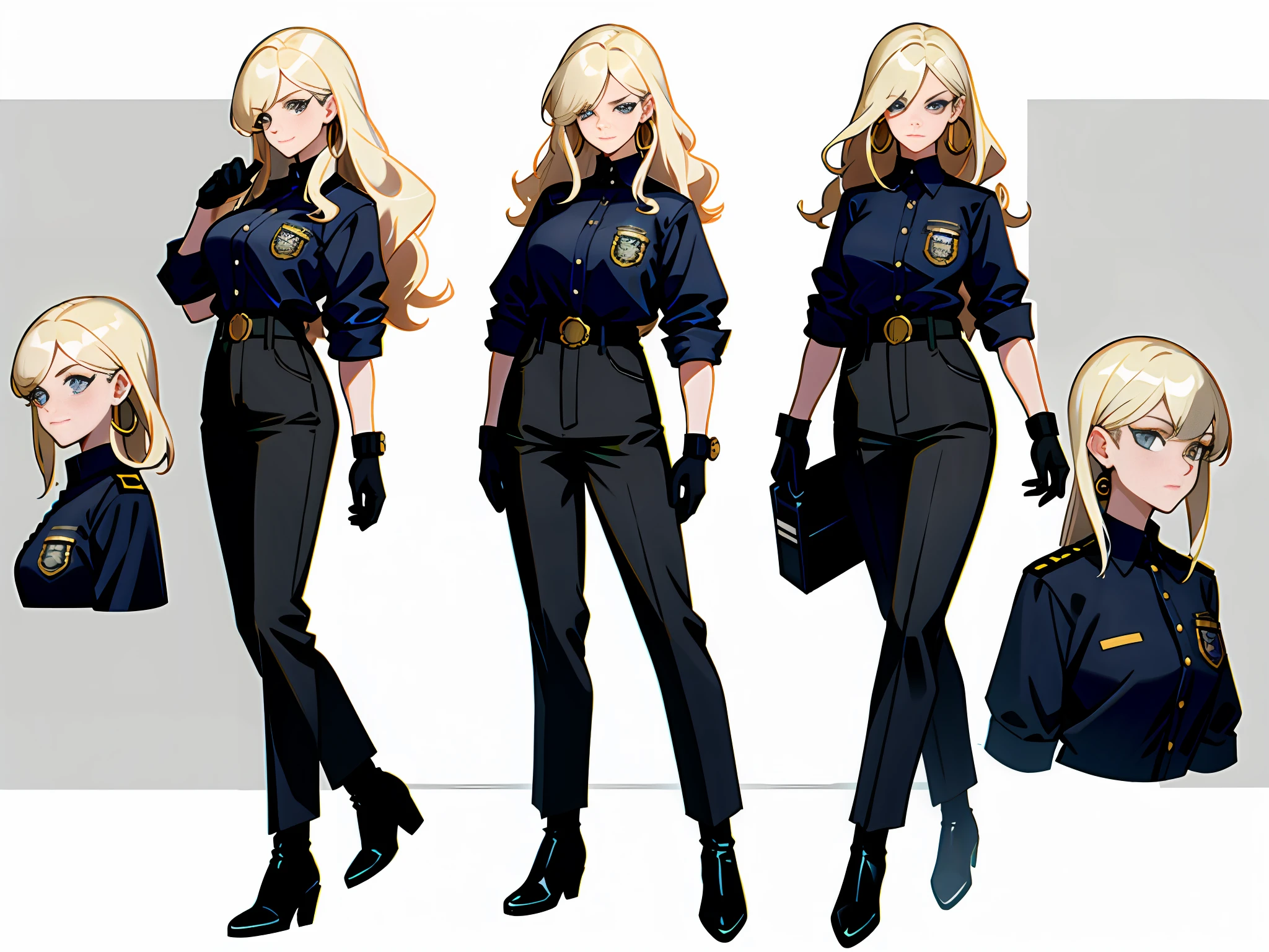 Masterpiece: 1.6, best quality: 1.4, live image: 1.2, intricate details: 1.2, charturnerv2: 1.2, 1lady full body character change,
Appearance: milf: 1.25, thin: 1.3, light blue eyes, medium breasts, detailed eyes, quality eyes,
Clothing: black high-collared t-shirt, high-waisted pants, black gloves, police navy jacket, a white blouse with few buttons, long black boots with laces.
Accessories: simple hoop earrings, police badge.
Hair: platinum blonde hair, long hair, semi curly hair.
Makeup: natural, shiny skin,
(single background, white background: 1.3), multiple views, multiple views of the same character in the same outfit: 1.3.
