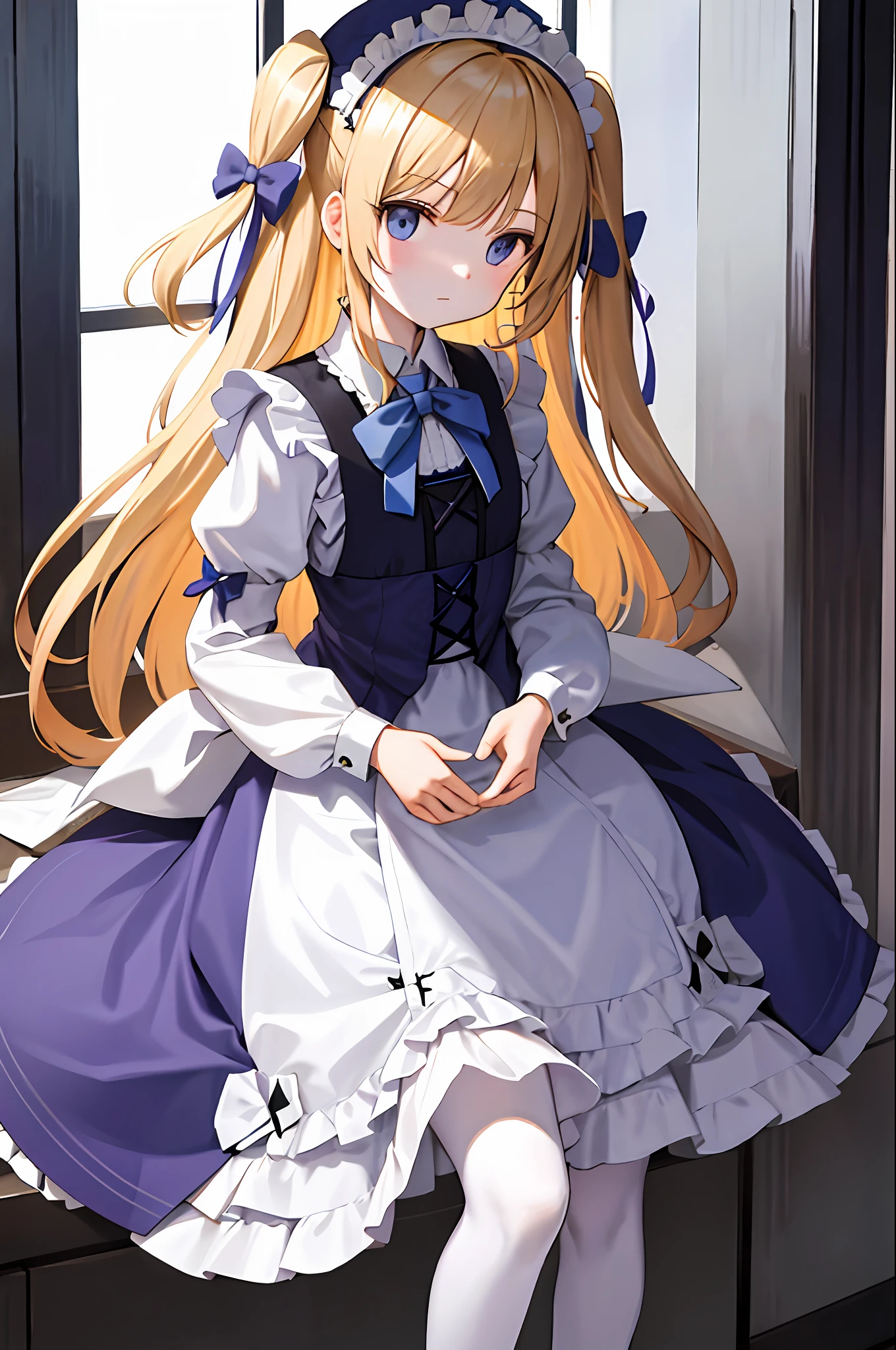 Emilico is a young girl with long blonde hair, purple-dark blue eyes and pale skin. She was wearing a maid's gown that was Victorian, with dark sleeves, a white apron, and a skirt. He wore white pumps underneath and a sleeveless shirt. Two side up hair, tied with a big dark blue bow. and cute flat front bangs/micro bangs