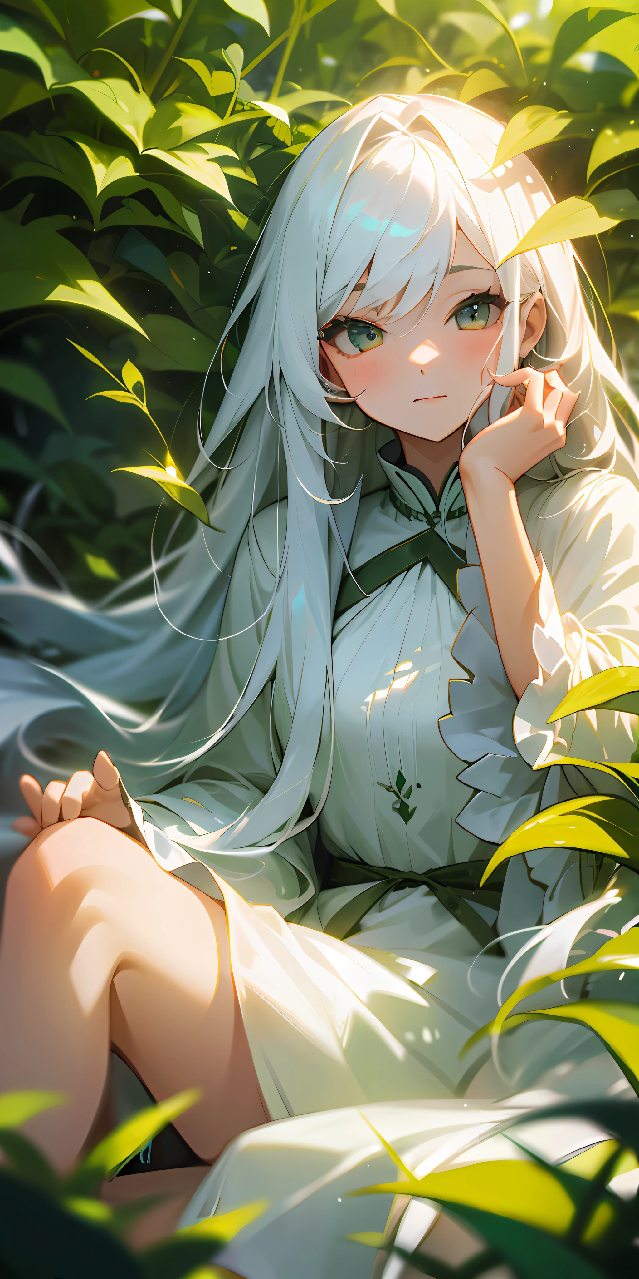 (masterpiece, best quality),1girl with long white hair sitting in a field of green plants and flowers, her hand under her chin, warm lighting, white dress, blurry foreground