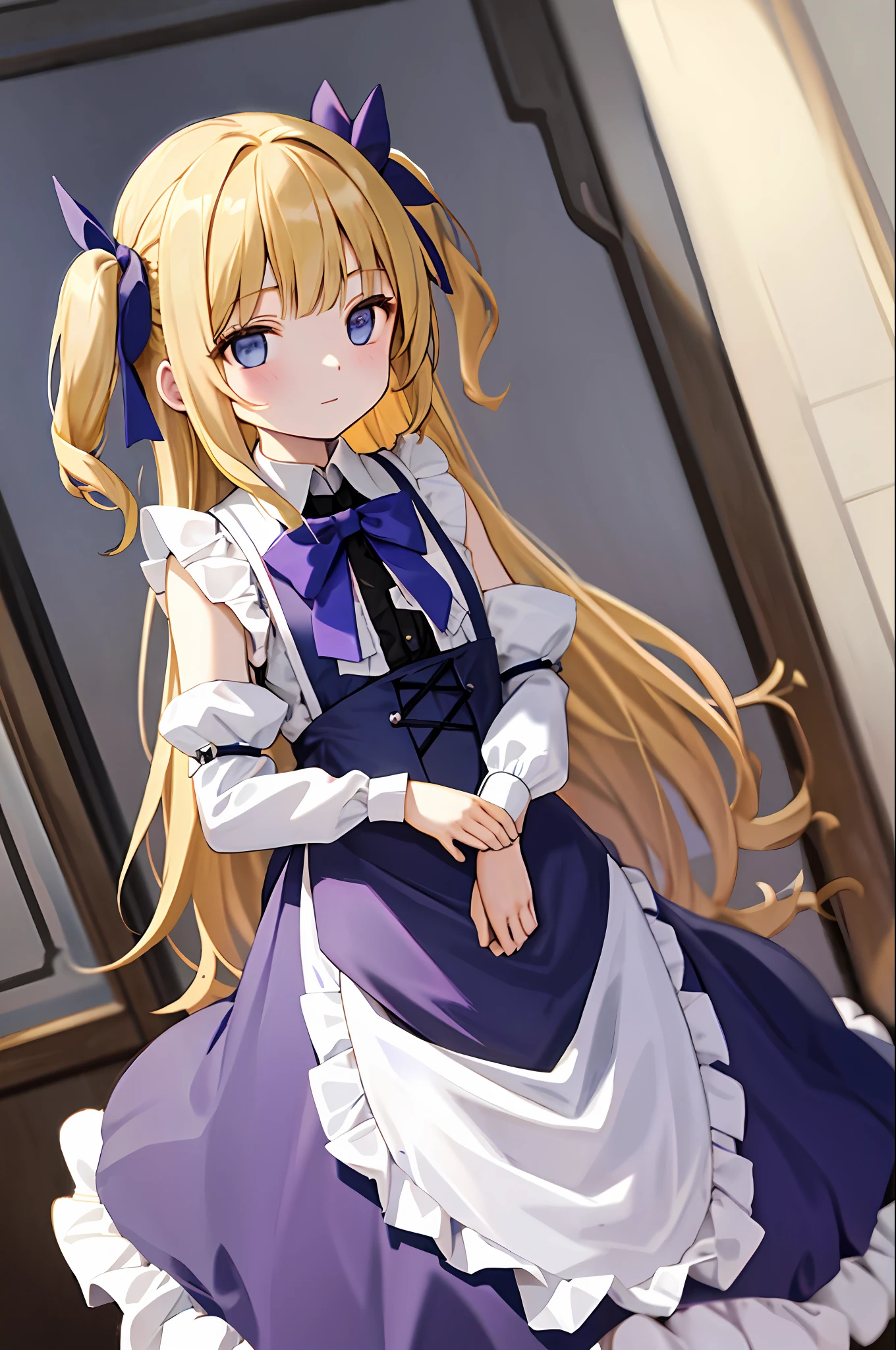 Emilico is a young girl with long blonde hair, purple-dark blue eyes and pale skin. She was wearing a maid's gown that was Victorian, with dark sleeves, a white apron, and a skirt. He wore white pumps underneath and a sleeveless shirt. Two side up hair, tied with a big dark blue bow. and cute flat front bangs/micro bangs