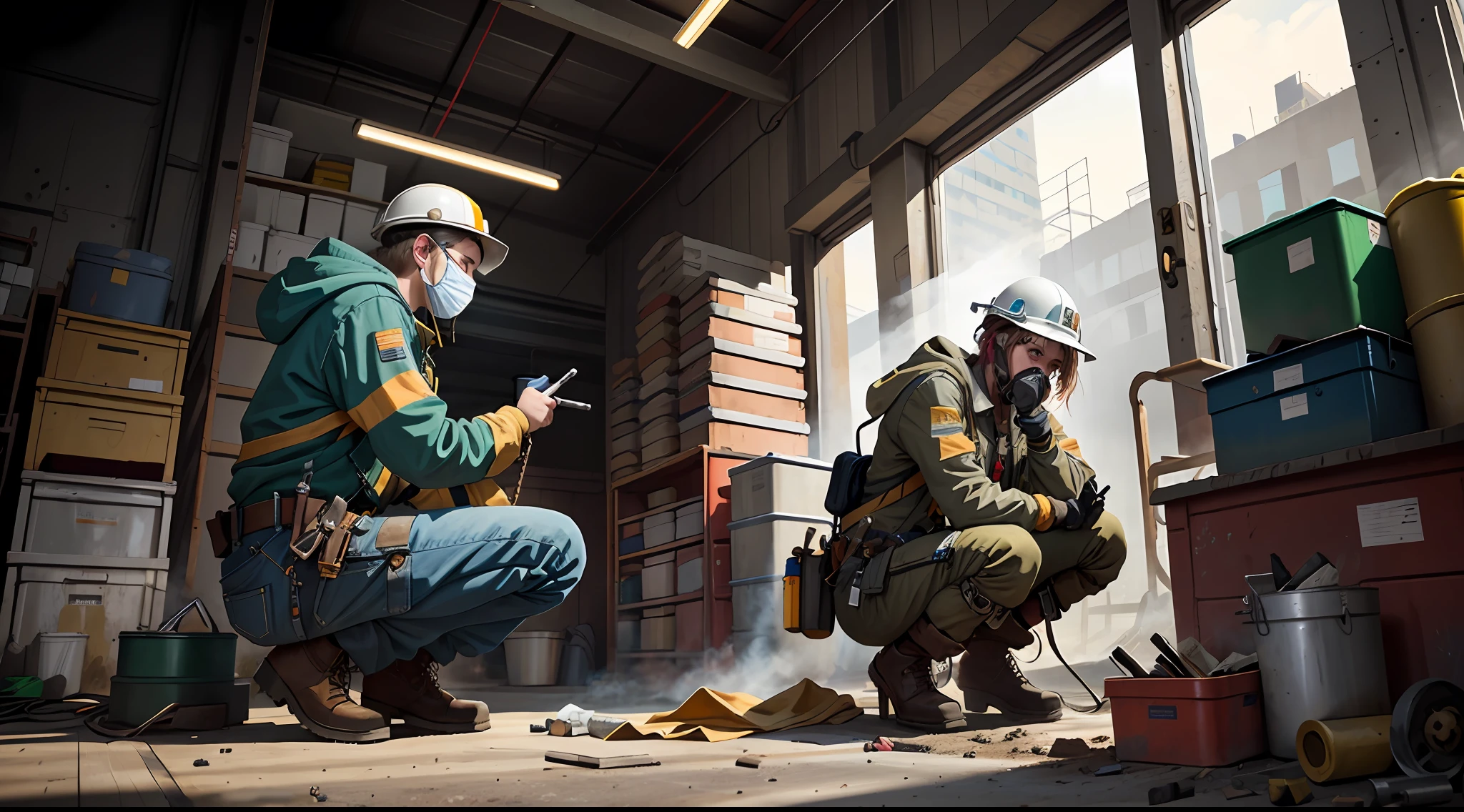 masterpiece, best quality, ultra-detailed, illustration, 1girl, solo, shiny, reflective, latex, work suit, voluptuous, body, squatting, detailed, work shoes, messy, workshop, industrial, high heels, black, red, silver, metallic, gloves, goggles, protective, equipment, machinery, tools, sparks, dirt, grime, oil, stains, sweat, exhaust, pipes, gauges, dials, buttons, levers, cables, wires, hydraulic, systems, hydraulic press, crane, pulley, welding, torch, grinder, drill, saw, hammer, screwdriver, wrench, pliers, spanner, toolbox, fire extinguisher, first aid kit, ventilation, ducts, light fixtures, emergency exit, warning signs, caution tape, posters, calendar, coffee mug, dirty, workbench, storage, shelves, bins, lockers, hard hat, safety vest, ear muffs, face shield, respirator, smoke, fumes, debris, concrete floor, concrete walls, metal beams, rivets, bolts, screws, nuts, washers, chains, ropes, hooks, clamps, magnets, bearings, lubricants, fluids, solvents, adhesives, lubrication, maintenance, repair, overhaul, upgrade, installation, assembly, fabrication, customization, prototype, research, development, testing, quality control, inspection, certification, compliance, regulation, standard, efficiency, productivity, innovation, excellence, satisfaction, teamwork, dedication, professionalism, empowerment, diversity, equality, respect, safety culture, industrial fashion, sci-fi, cyberpunk, dystopian