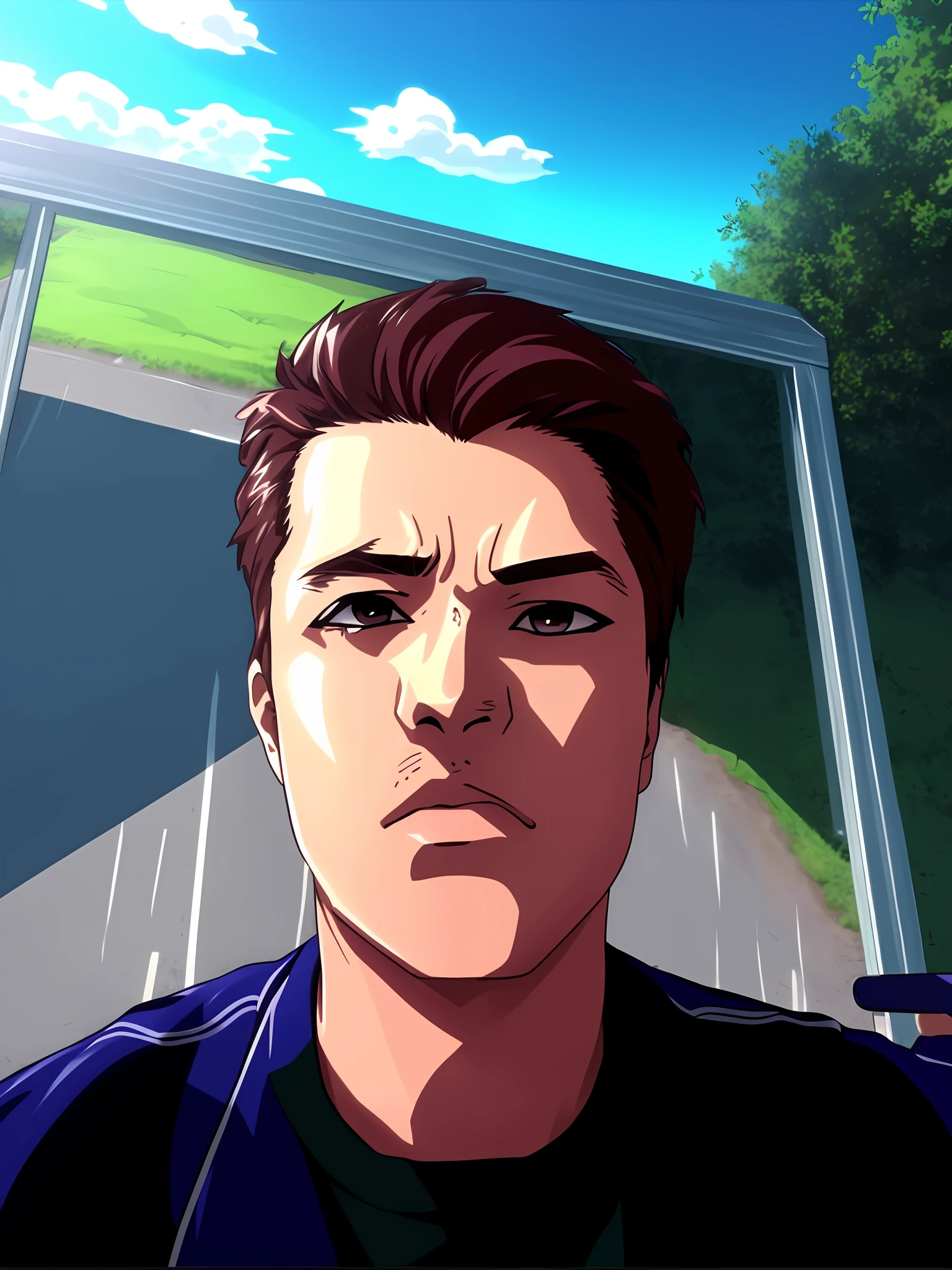 There is a man who is taking a selfie, realistic animation style anime.
