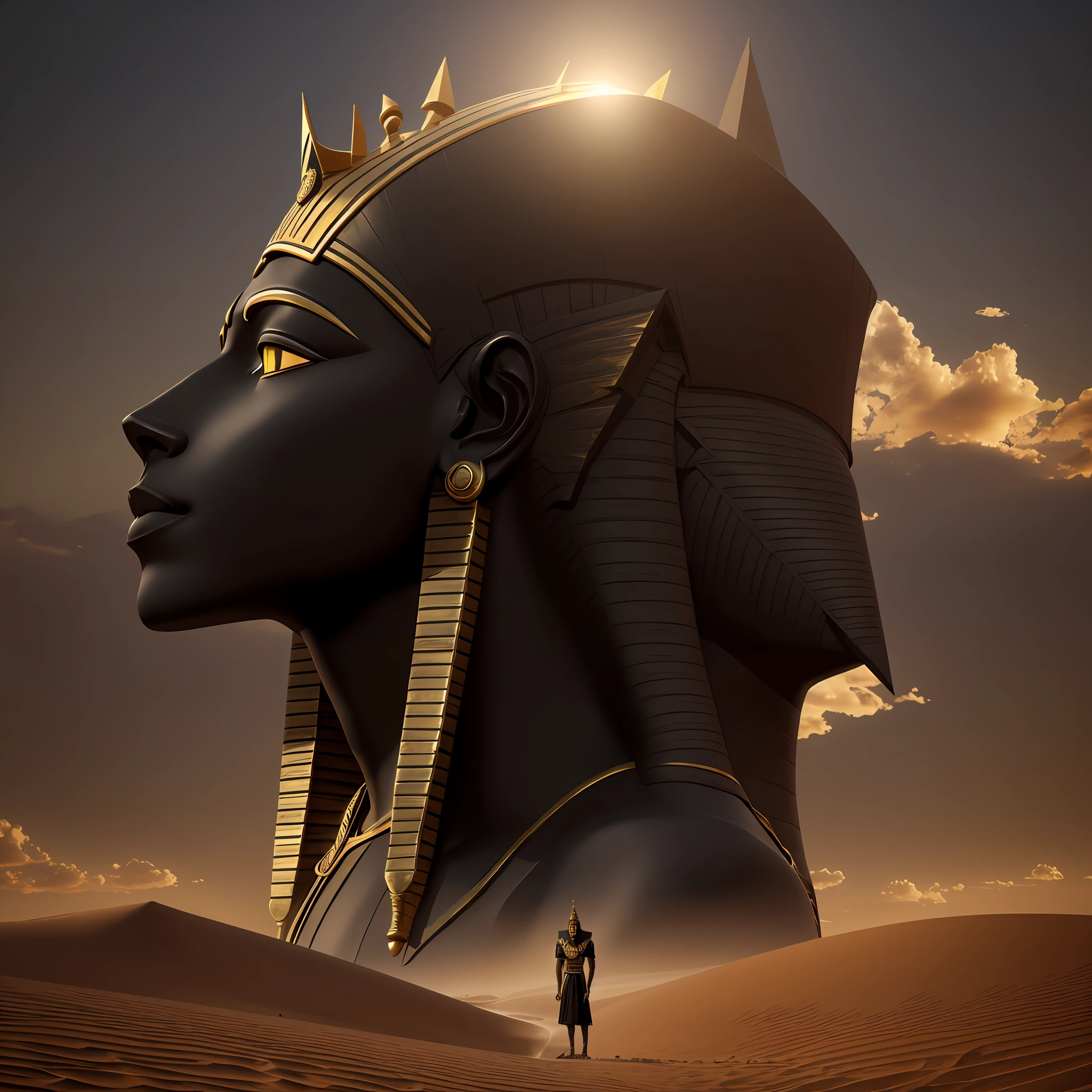 Realistic image, black pharaoh in the desert, of Egypt with crown --auto --s2