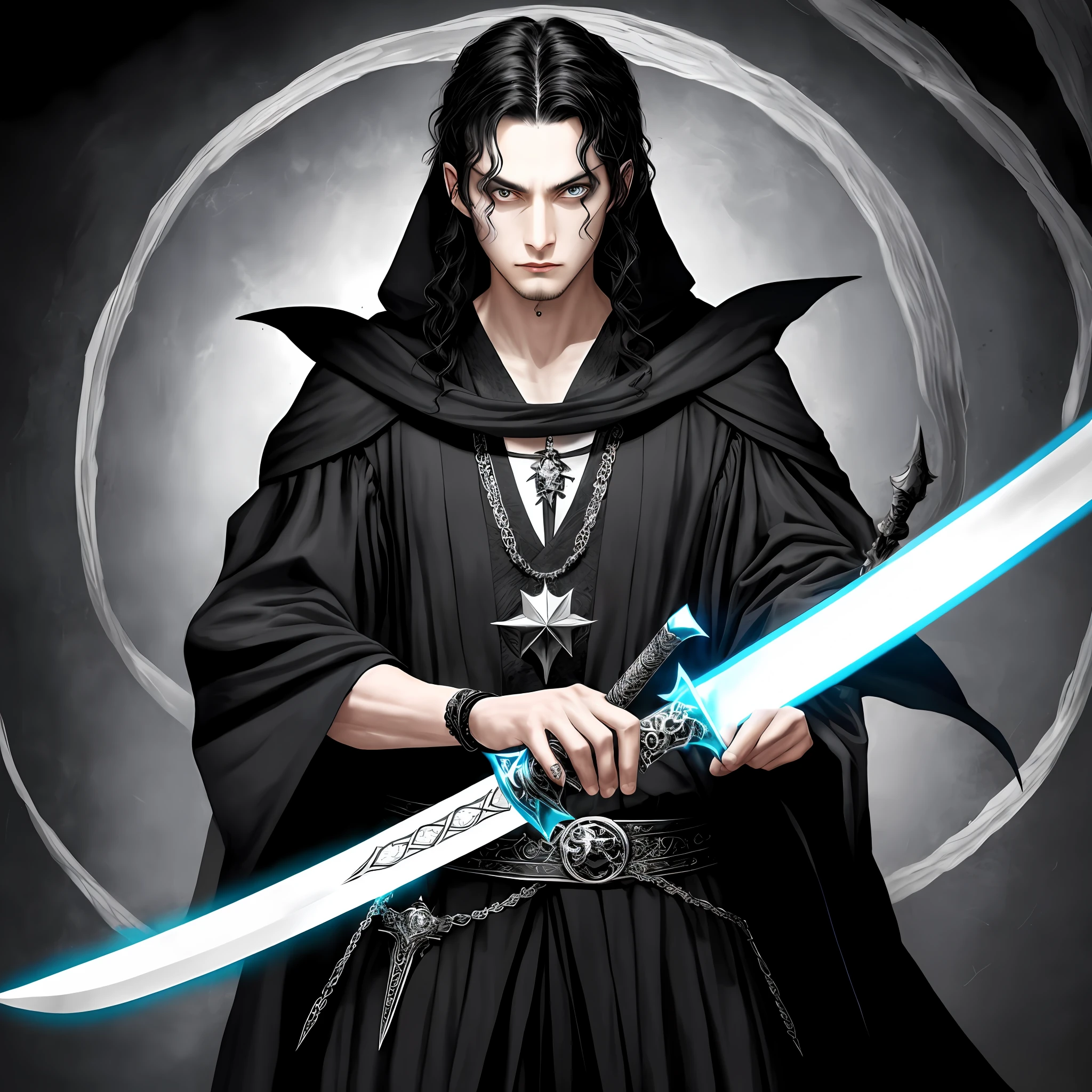 Wizard pale face black hair long black robe silver sword with magic jewel on handle
