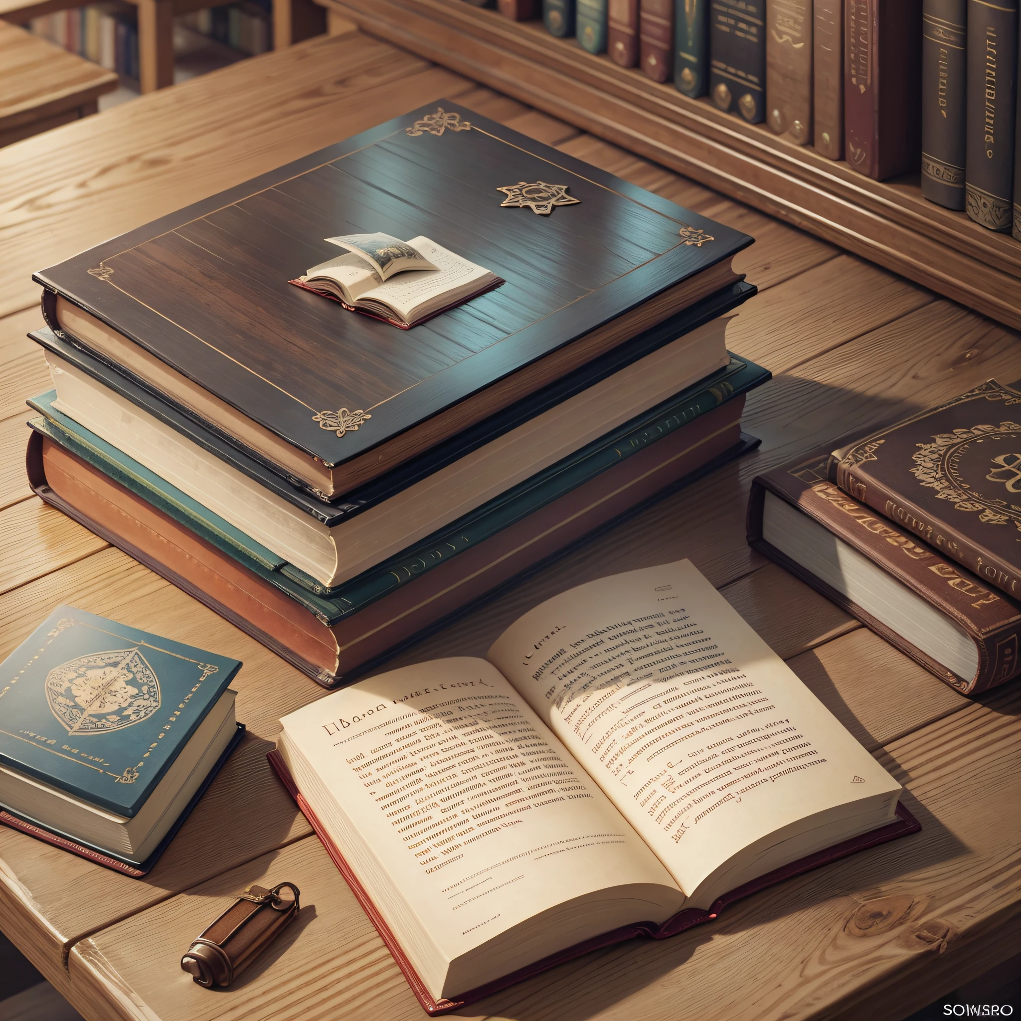book with brown cover on top of a wooden table in a library --auto --s2