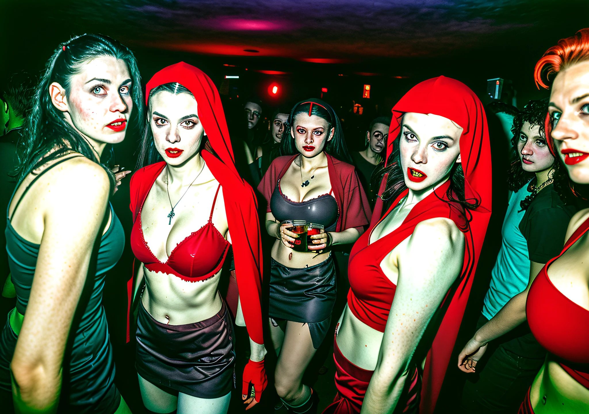 candid photo RAW portrait of a female vampire in a nightclub in a castle at night, 90's rave, nuns, vampires, techno, red rain, huge breast, party, Fujifilm Fujichrome Provia 100F movie, flashlight