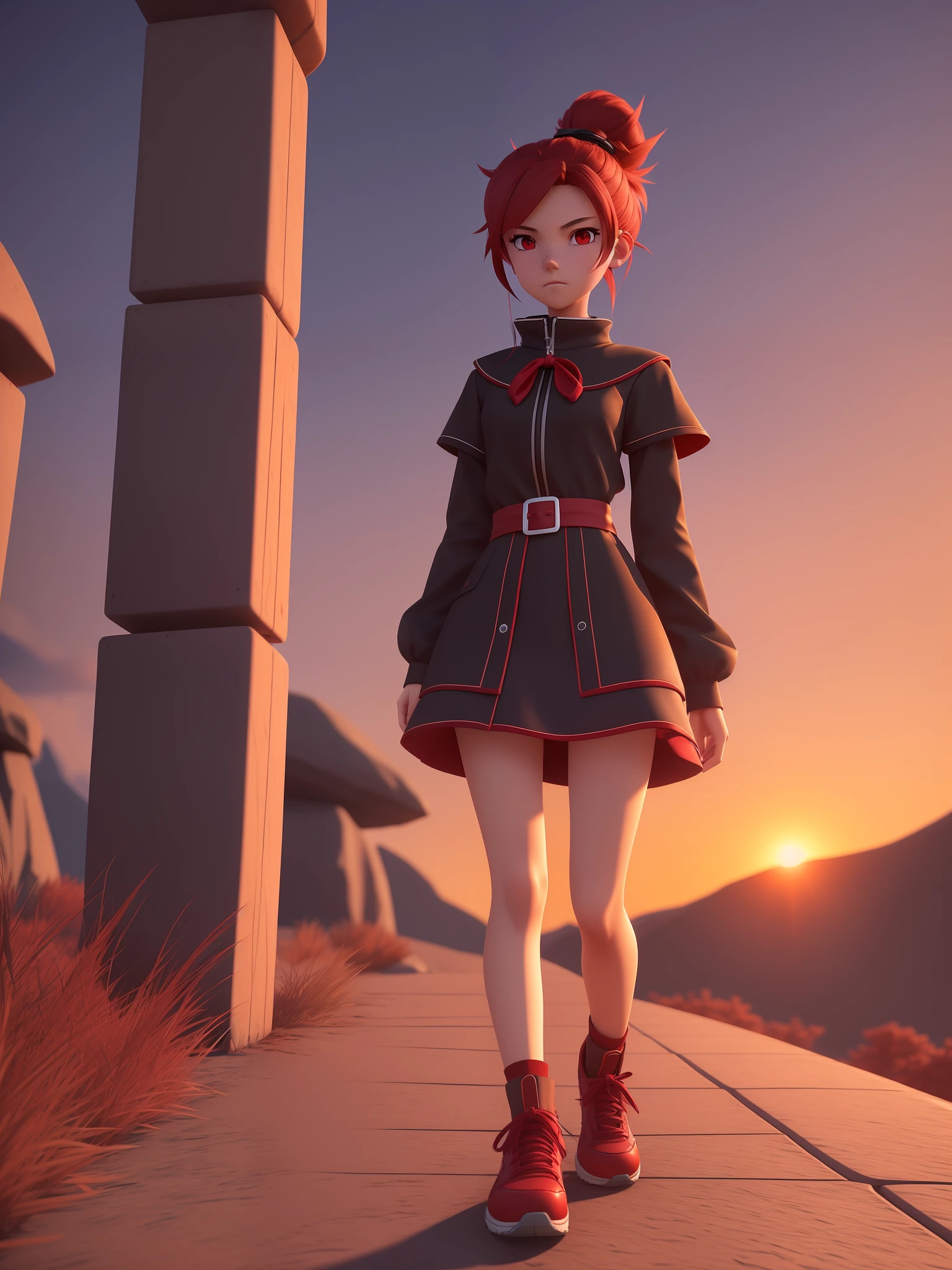 Young girl, a cartoon character dark red outfit, ((cold expression and tired eyes)), ((hair up to shoulder)), (red eyes), stylized character, animation character, stylized 3d render, 3d character, highly detailed character, stylized anime, stylized 3d, render character, character model, closeup, (maximum quality), walking on a mountain at sunset
