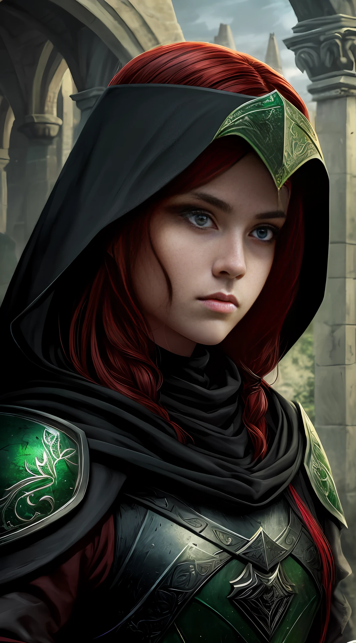 A girl, beautiful, perfect, small, epic character, (black skin), (green eyes), (red hair), wearing black armor, wearing black cloak, wearing black hood, masterpiece, (portrait), high-quality, HD, medieval, burgh, warrior, D&D style, RPG book character