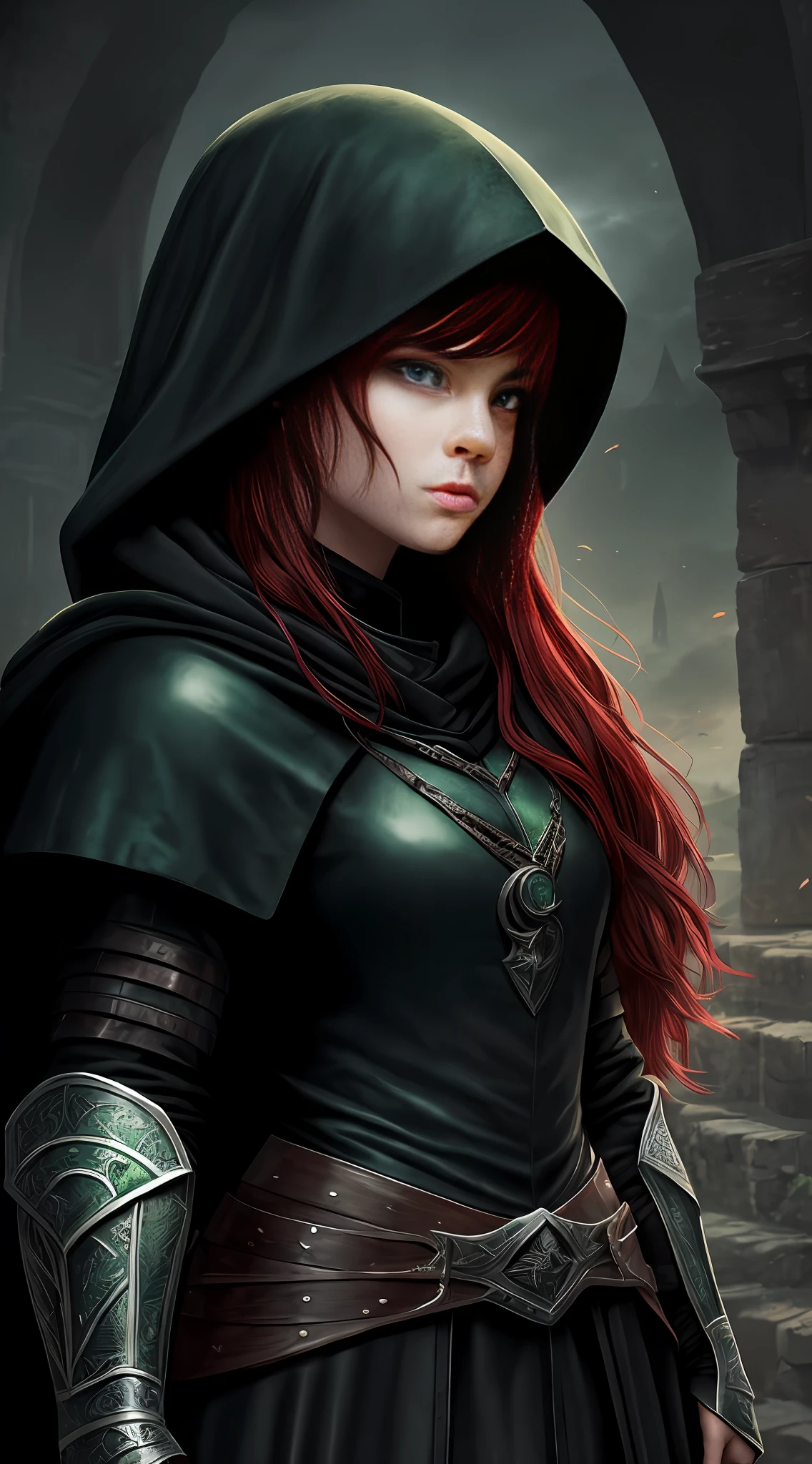 A girl, beautiful, perfect, small, epic character, (black skin), (green eyes), (red hair), wearing black armor, wearing black cloak, wearing black hood, masterpiece, (portrait), high-quality, HD, medieval, burgh, warrior, D&D style, RPG book character