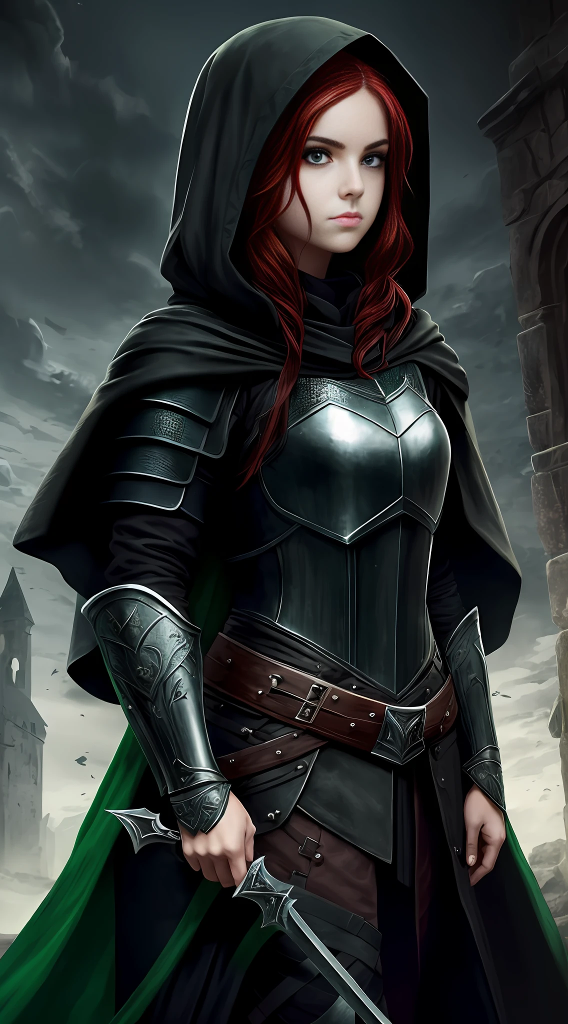 A girl, beautiful, perfect, small, epic character, (black skin), (green eyes), (red hair), wearing black armor, wearing black cloak, wearing black hood, masterpiece, (portrait), high-quality, HD, medieval, burgh, warrior, D&D style, RPG book character