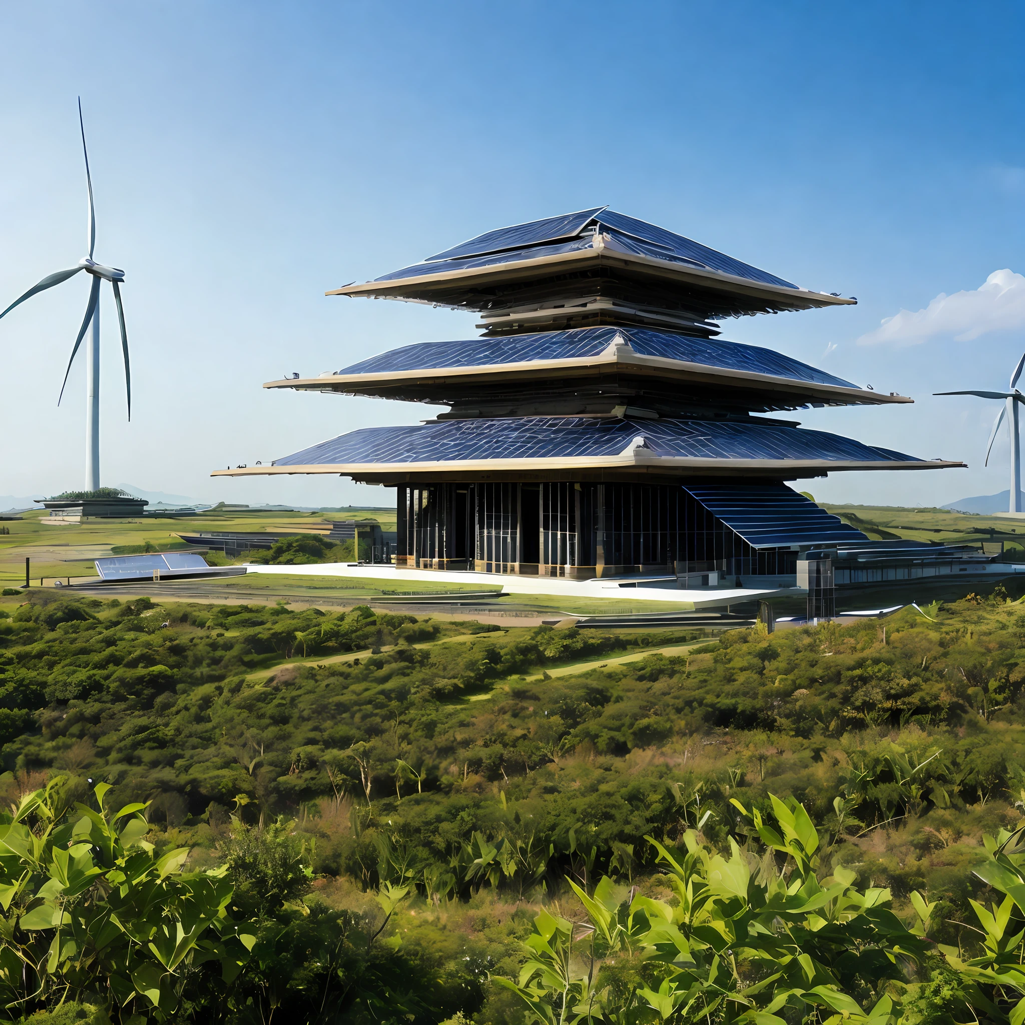 A temple that is powered by solar and wind energy, with solar panels integrated into its design