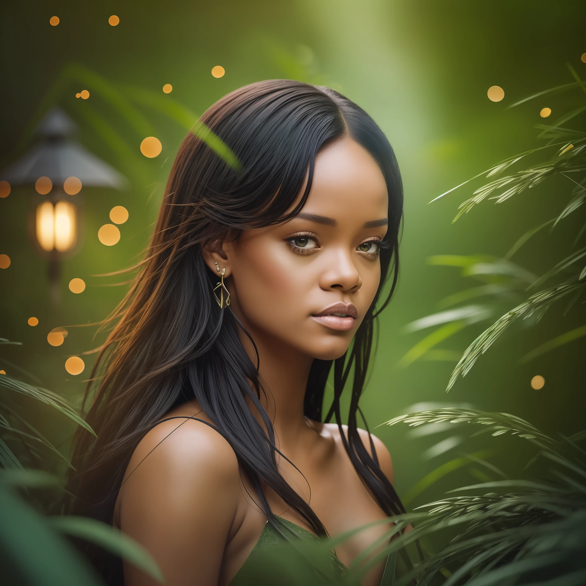 masterpiece, Rihanna walking in the jungle at night among fireflies, (high detail: 1 1), rough face, natural skin, high quality, NSFW, beautiful eyes, (detailed face and eyes), (face: 1 2), noise, extra, real photo, PSD, lamp film photography, sharp focus, contrast lighting, detailed skin, high resolution 16k, crazy detail, realistic,  professional photography, UHD, SLR camera, soft lighting, high quality, film grain, Fujifilm XT3 ,ultra octane render, unreal engine 5, ultra-realism, outdoor, depth of field rainbow, retina, ultra-masterpiece, ultra-accurate, ultra-details, award winning, ultra-quality, ultra-resolution, ultra-textured