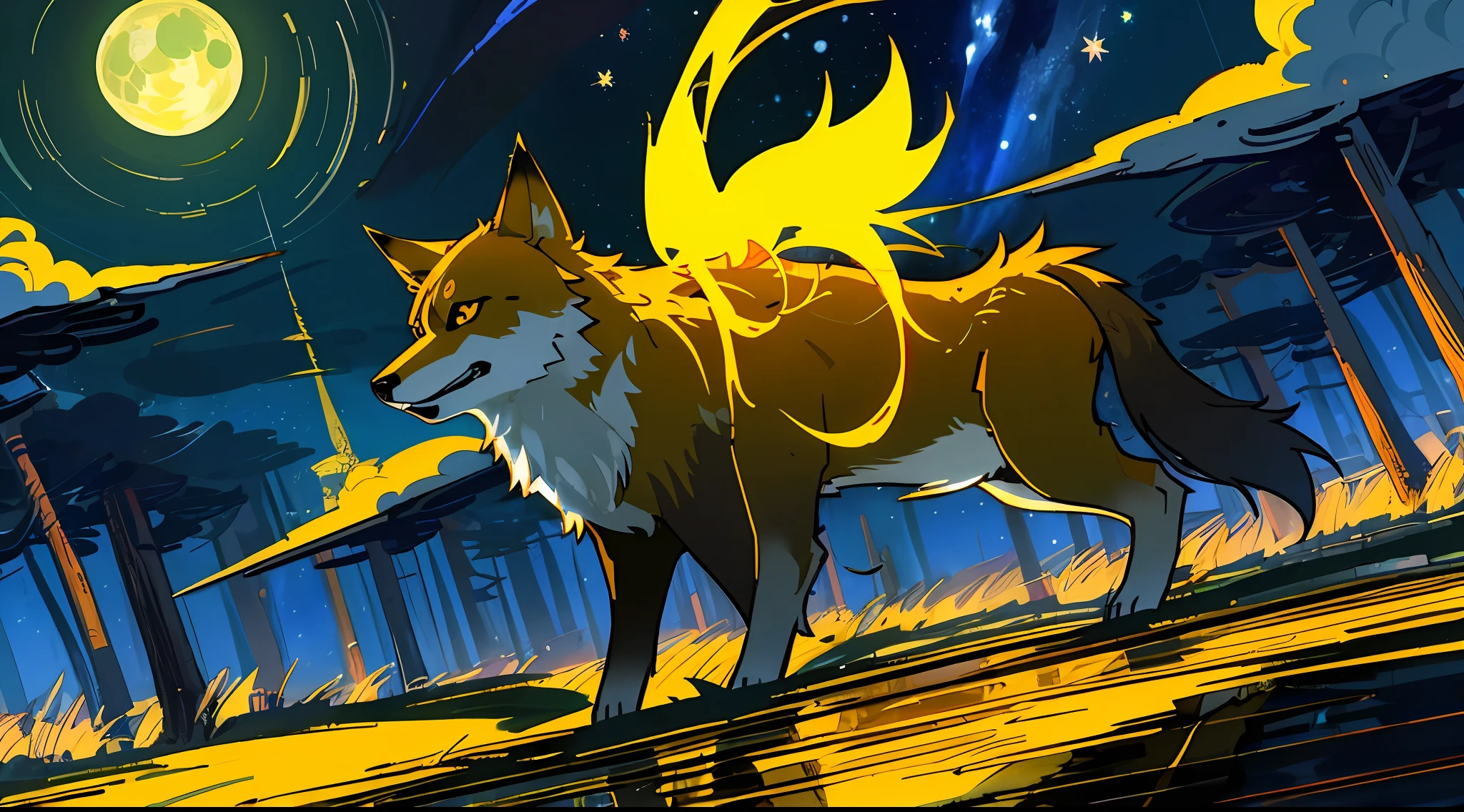 "((masterpiece)), better quality, ultra-detonated details, high-definition illustration, majestic depiction of the black and yellow wolf, Okami, moonlight reflected in his coat, in the starry night, subtle lights illuminating the forest around him."