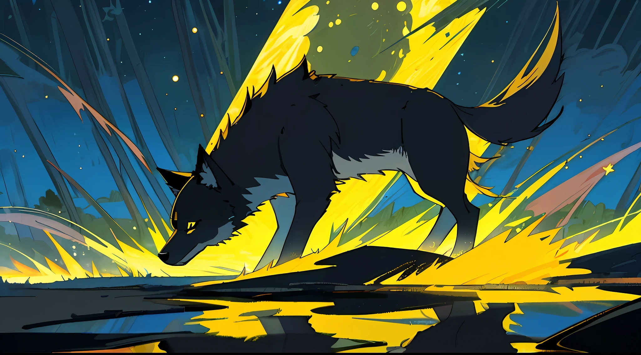"((masterpiece)), better quality, ultra-detonated details, high-definition illustration, majestic depiction of the black and yellow wolf, Okami, moonlight reflected in his coat, in the starry night, subtle lights illuminating the forest around him."
