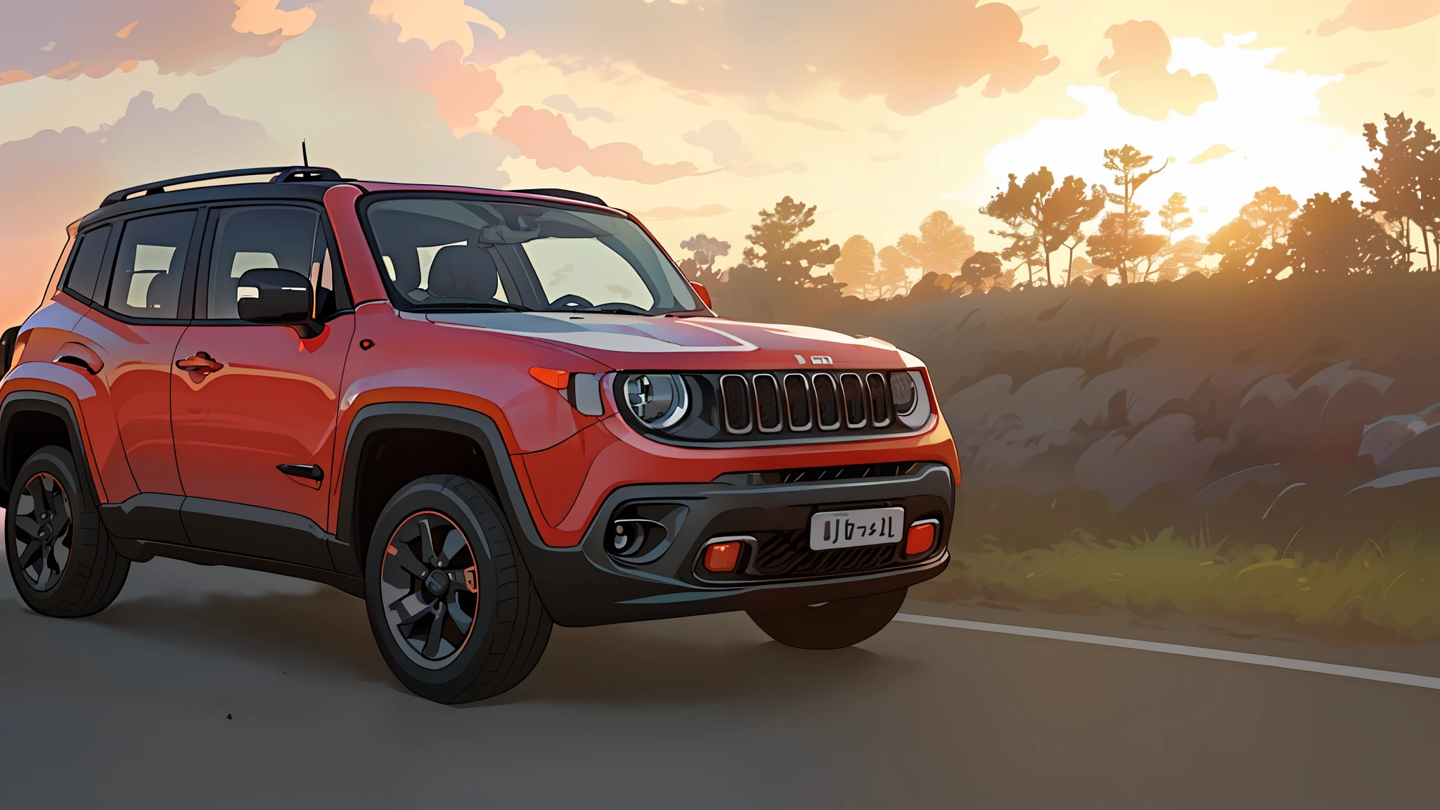 jeep renegade driving on a road at sunset with clouds in the background, jeep, shot at golden hour, cinematic front shot, 🤬 🤮 💕 🎀, a wide full shot, 🦩🪐🐞👩🏻🦳, ultra wide-shot, jeep in background, scenic full shot, cinematic full shot, taken at golden hour