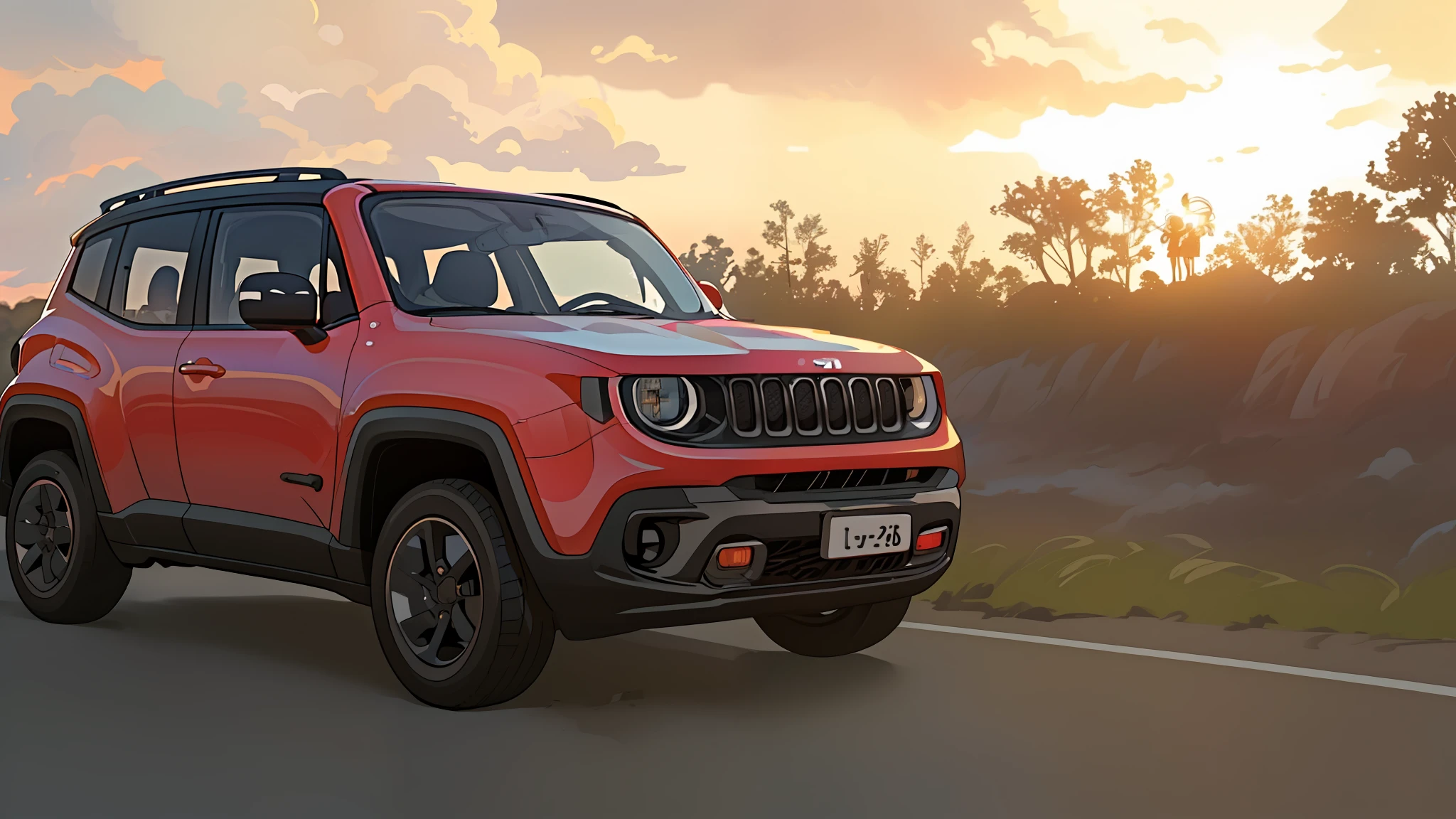 jeep renegade driving on a road at sunset with clouds in the background, jeep, shot at golden hour, cinematic front shot, 🤬 🤮 💕 🎀, a wide full shot, 🦩🪐🐞👩🏻🦳, ultra wide-shot, jeep in background, scenic full shot, cinematic full shot, taken at golden hour