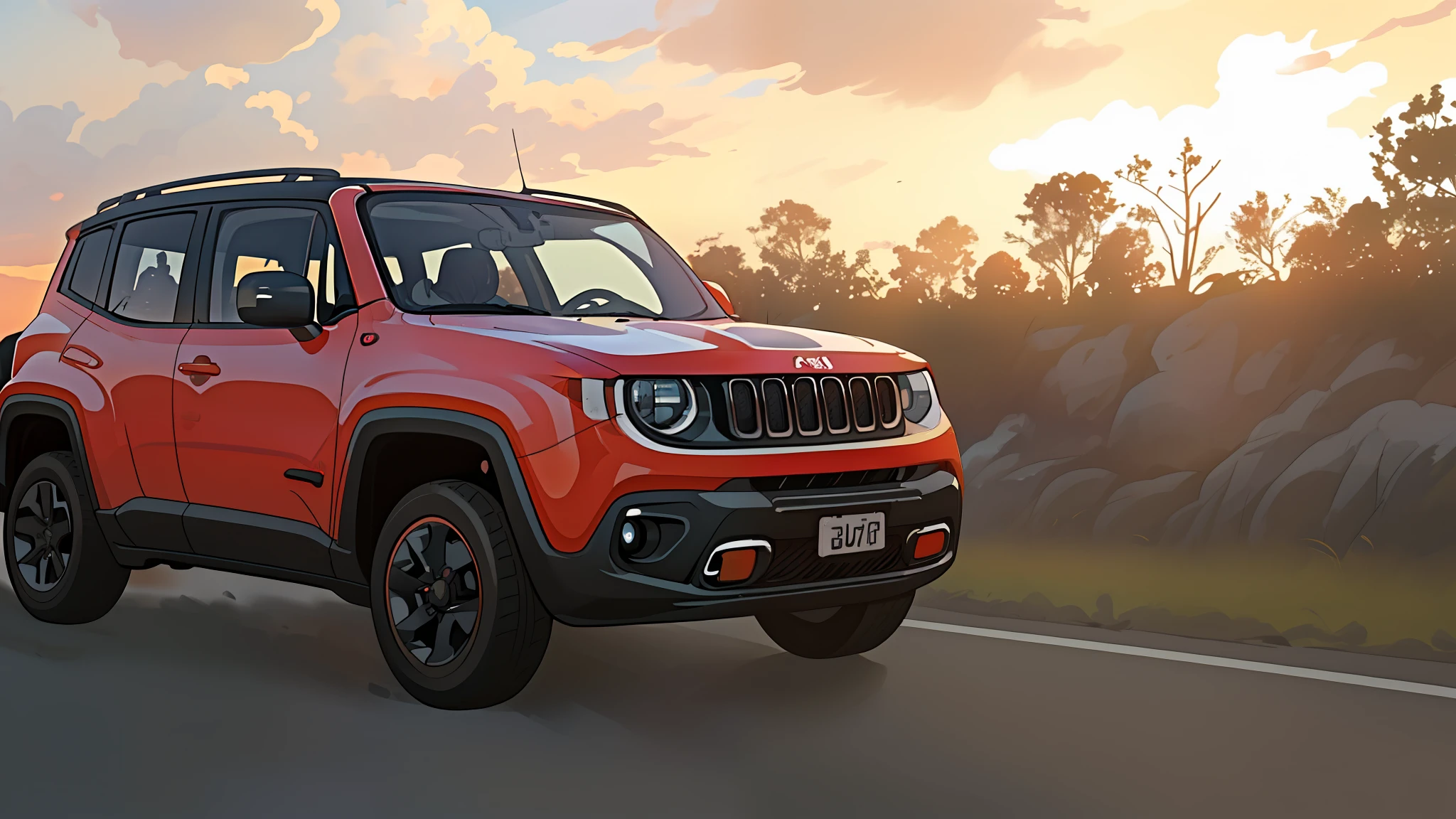 jeep renegade driving on a road at sunset with clouds in the background, jeep, shot at golden hour, cinematic front shot, 🤬 🤮 💕 🎀, a wide full shot, 🦩🪐🐞👩🏻🦳, ultra wide-shot, jeep in background, scenic full shot, cinematic full shot, taken at golden hour