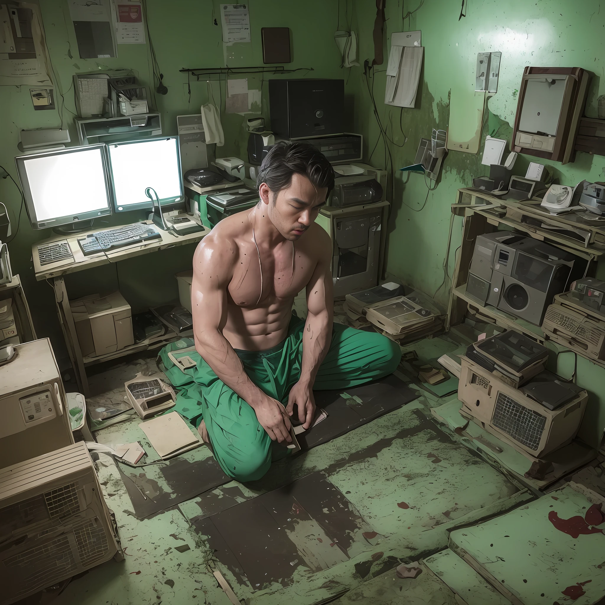 A man with badly injured body, revealing internal organs, intestines and blood, lies in a dark, damp, 80s Chinese-style room surrounded by ancient computer screens glowing green
