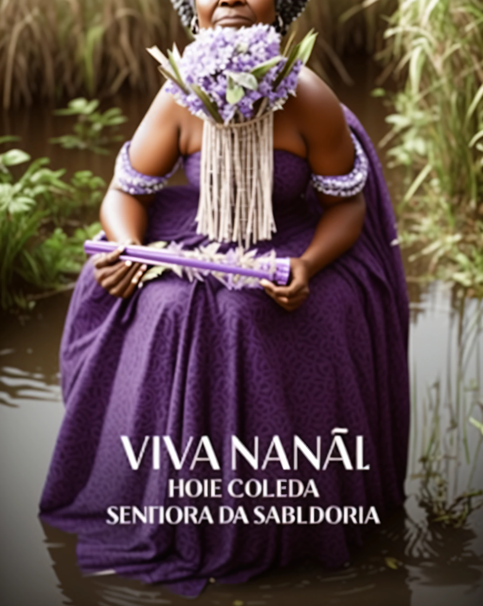 Photo of an old black woman in a purple dress sitting in a savannah, a swamp, night, black african princess, dark skin, african princess, african queen, african woman, stunning african queen, holding a straw ibiri, beautiful representation, realistic photo, orisha, afrocentric mysticism, african mythology